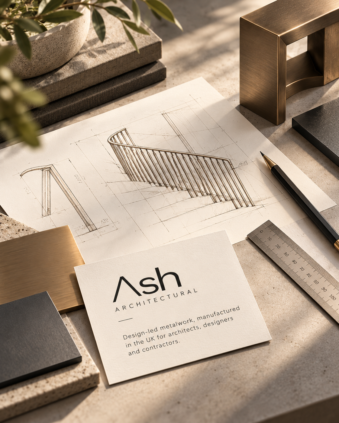 Architectural sketches and samples on a desk, including a metallic sculpture drawing, a business card for Ash Architectural, a pen, a ruler, and various material samples, with natural lighting.