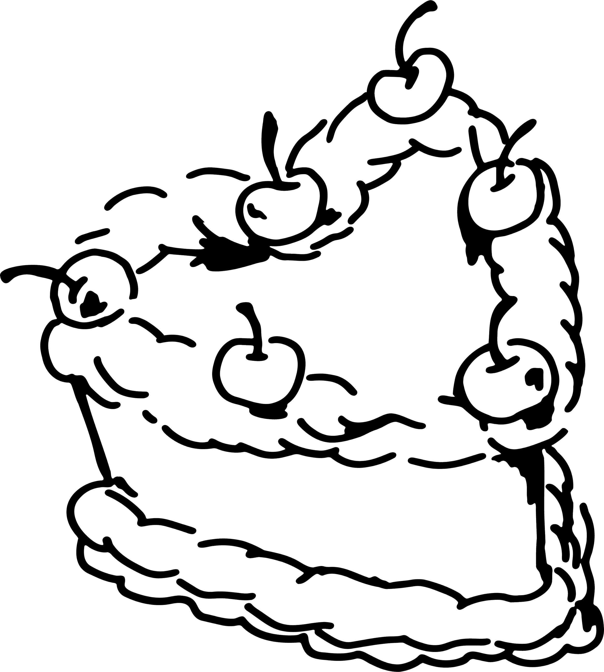 Outline drawing of a heart-shaped cake with cherries on top and a layer of frosting.