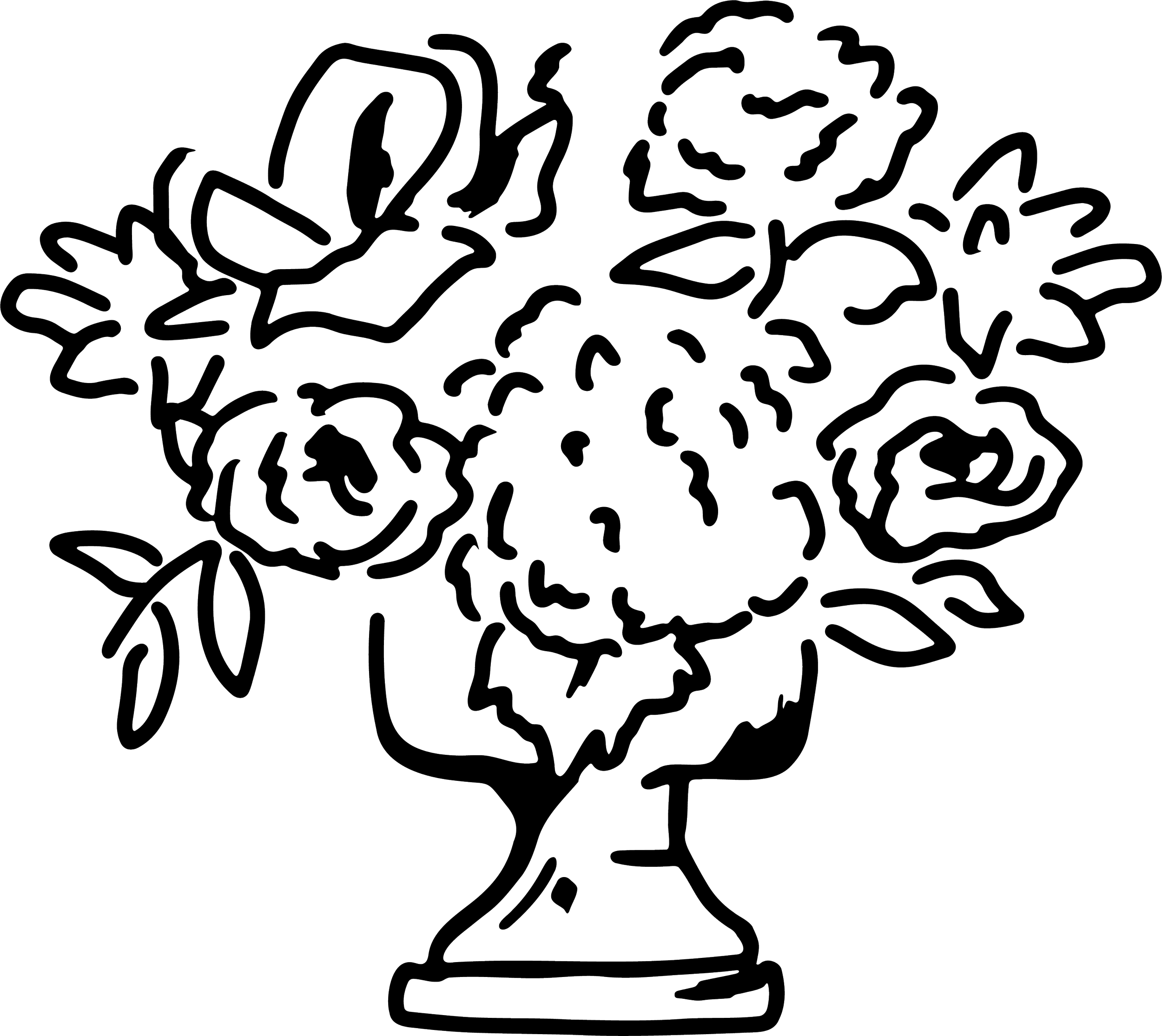 Outline drawing of a vase with a large bouquet of flowers, including roses and leaves.