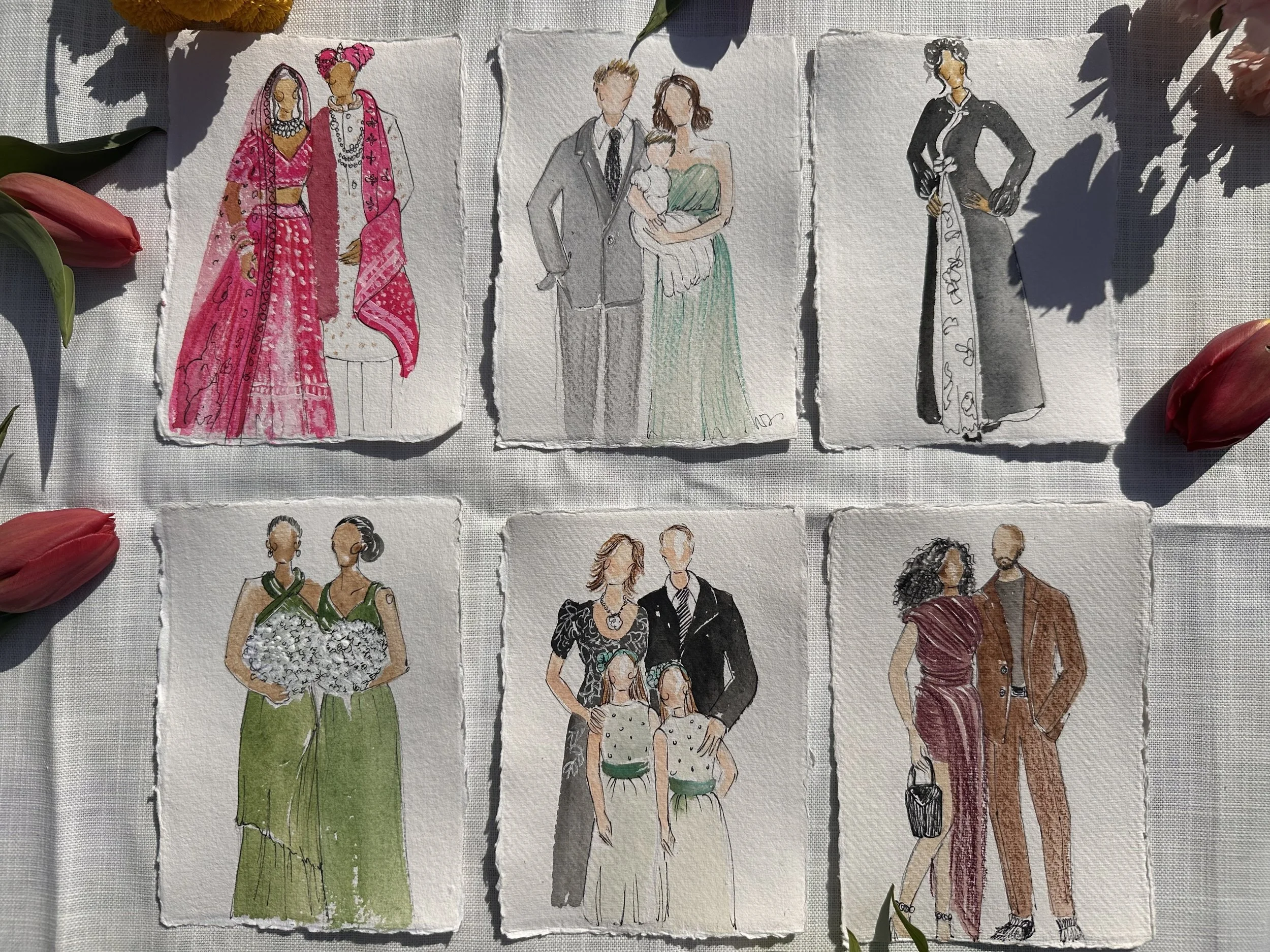 Live event illustrations of guests, including bright Asian wedding outfits, family portraits and green bridesmaids.