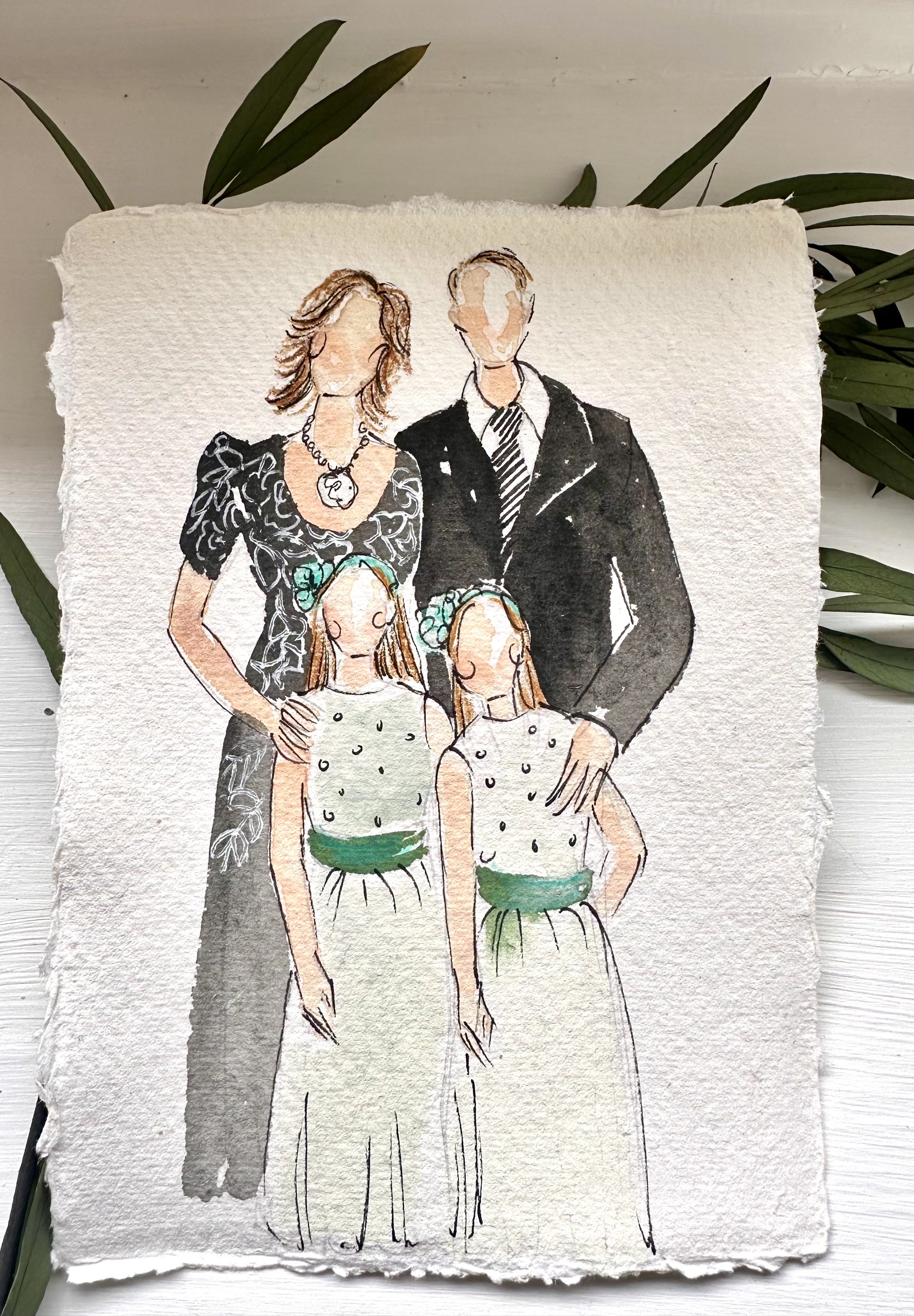 A watercolor illustration of a family portrait with two adults and two children, dressed in formal clothing, on textured paper, with green leaves in the background.
