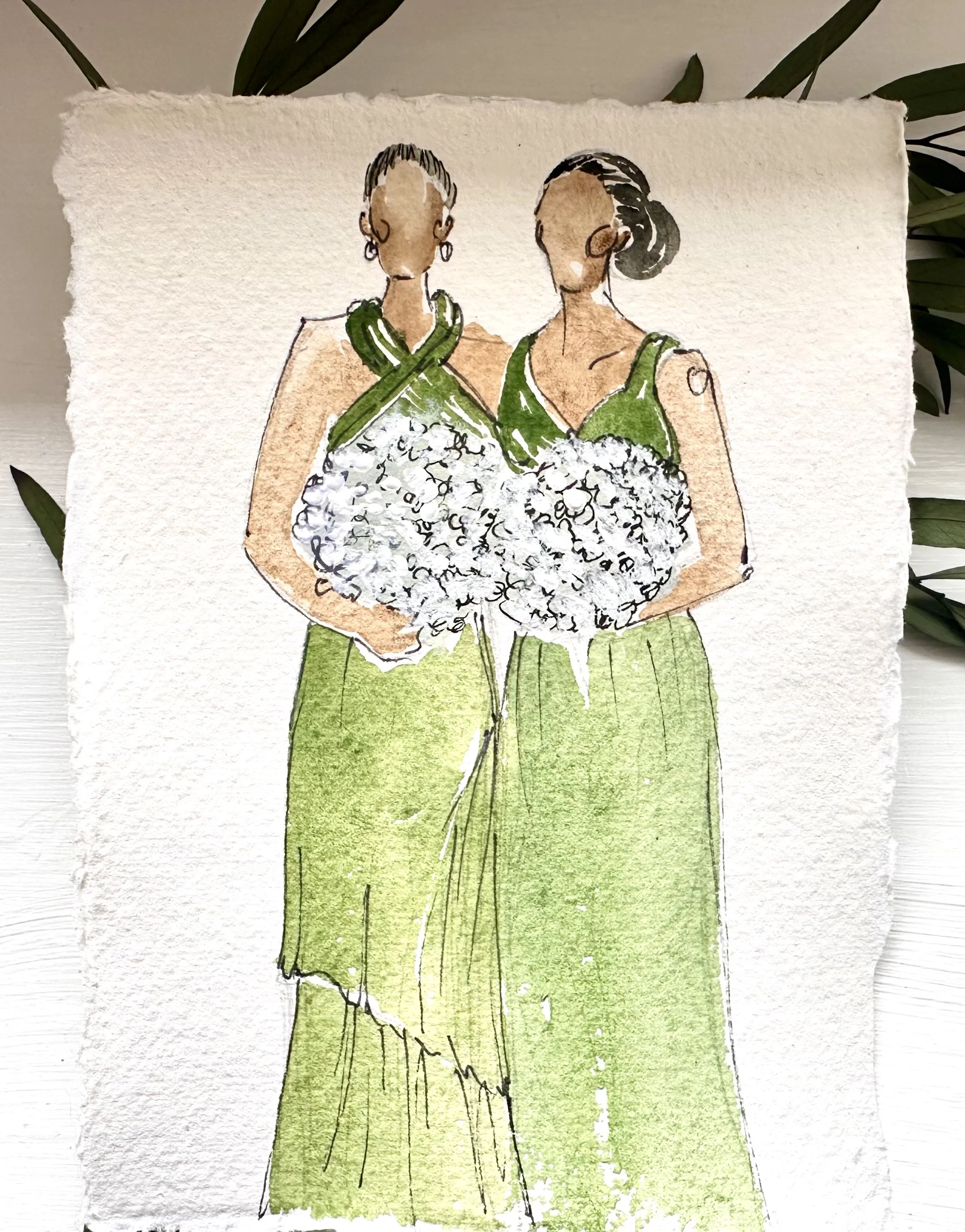 Watercolor illustration of two women in green dresses holding bouquets of white flowers.