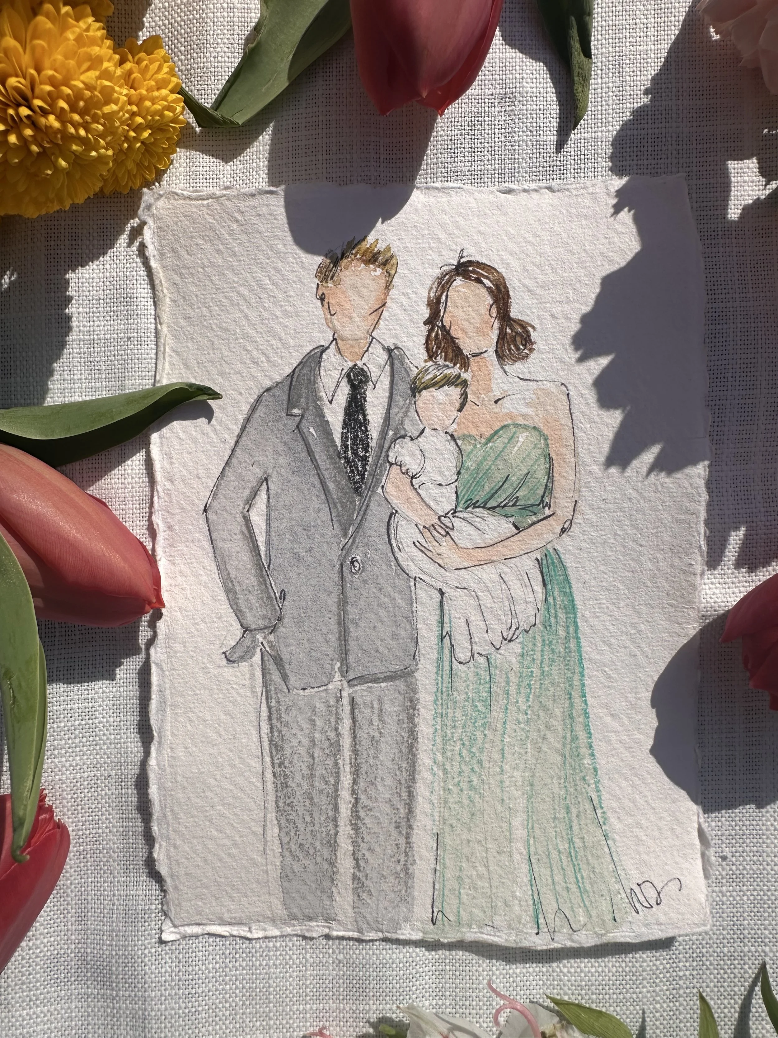 A hand-drawn illustration of a family of three, with the father in a suit, the mother in a green dress holding a young child, all outlined with minimal details, surrounded by colorful flowers on a textured background.