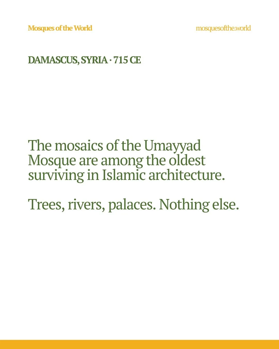 This Jumu'ah, we're looking at the work of the craftsmen of the Umayyad Mosque in Damascus, Syria. They covered 4,000 square meters of wall in gold mosaic and filled every inch with trees, rivers, and palaces. Not a single human figure appears anywhe