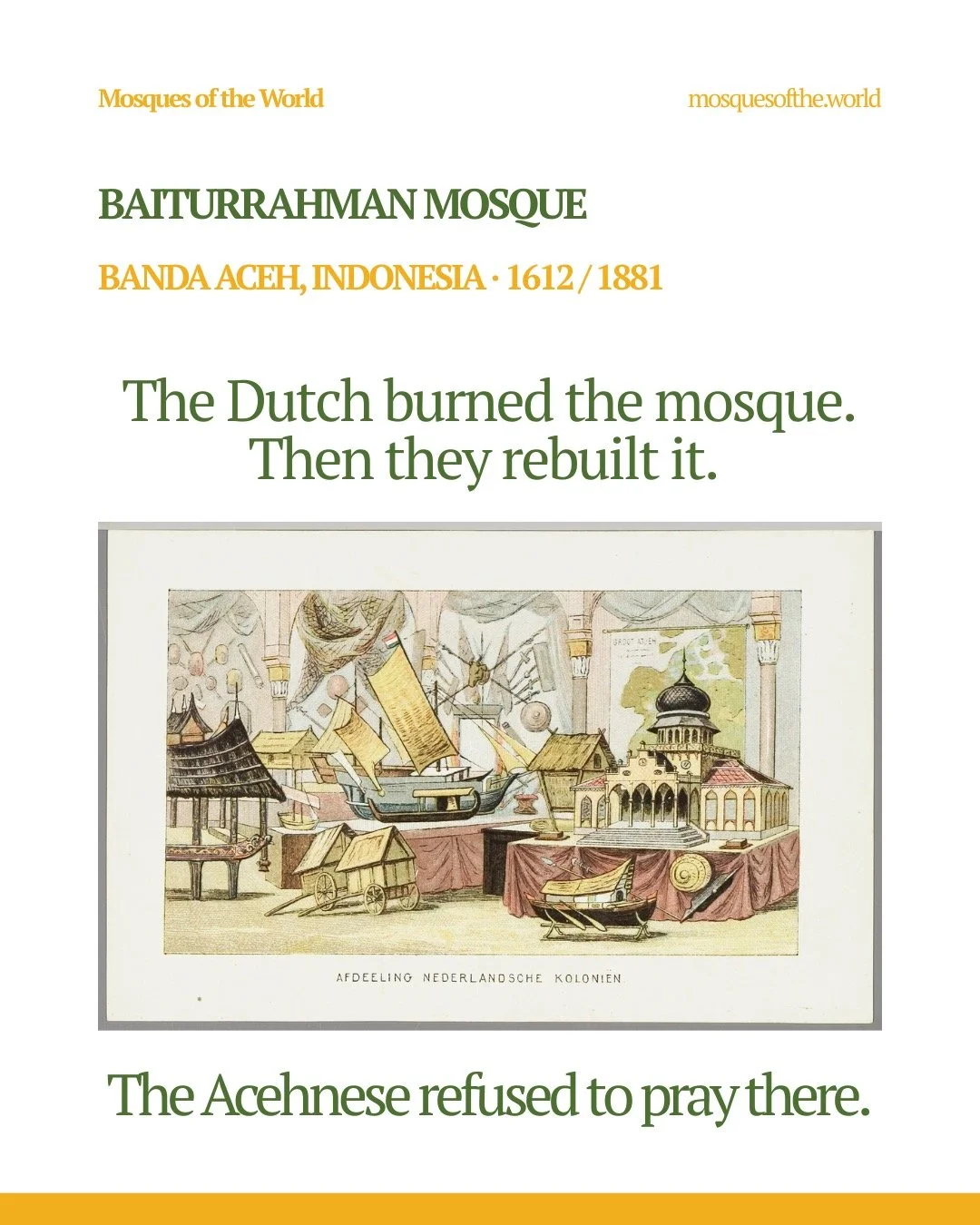 This Jumu'ah, we're looking at the Baiturrahman Grand Mosque in Banda Aceh, Indonesia.
In 1873, Dutch colonial forces burned the original mosque to the ground during their invasion of Aceh. Then they rebuilt it themselves in 1881, in a Mughal Revival