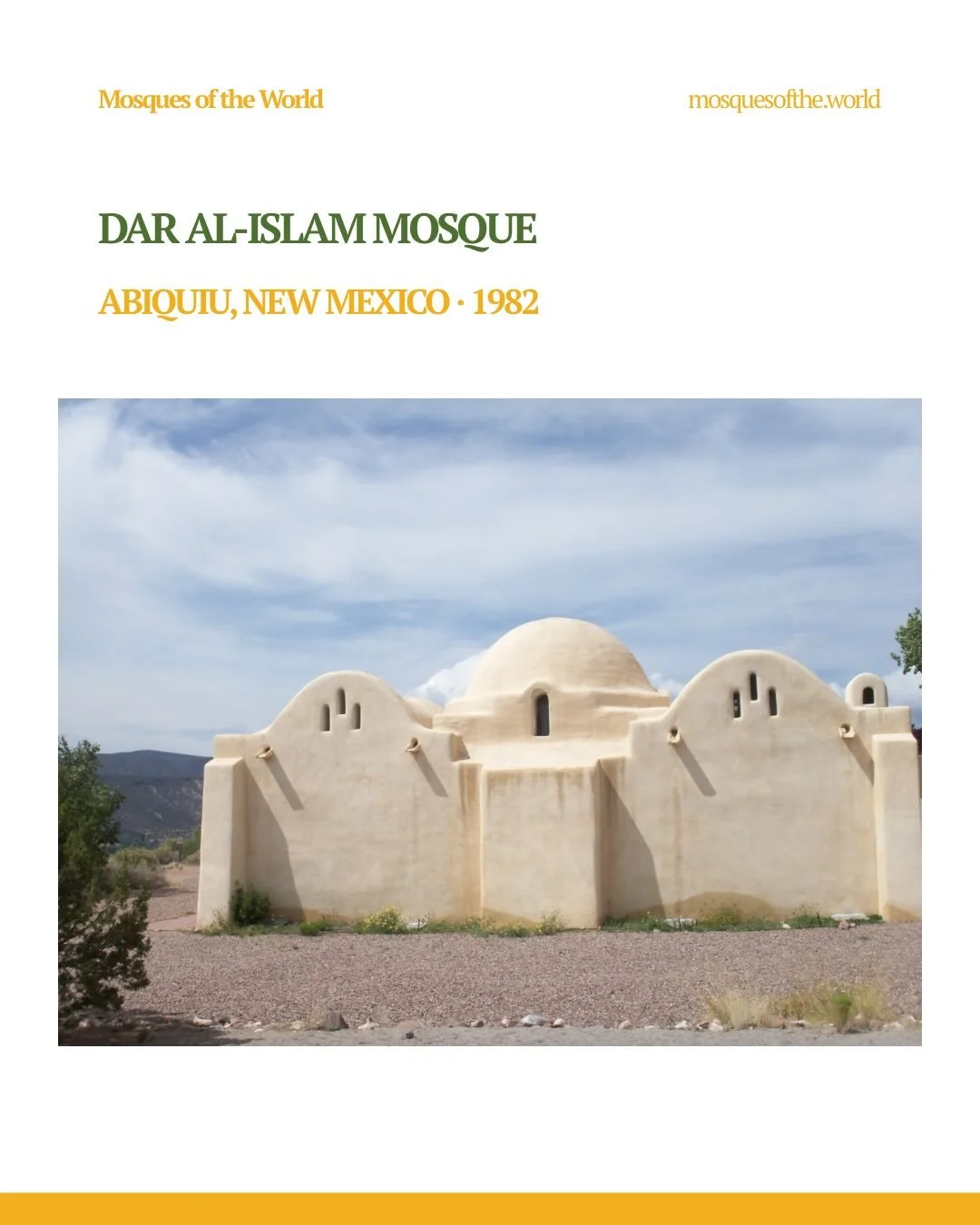 This Jumu&rsquo;ah, we&rsquo;re looking at Dar al-Islam in Abiquiu, New Mexico, an adobe mosque where three building traditions converge.

When Egyptian architect Hassan Fathy arrived in the New Mexico desert in 1980, he brought two Nubian master bui