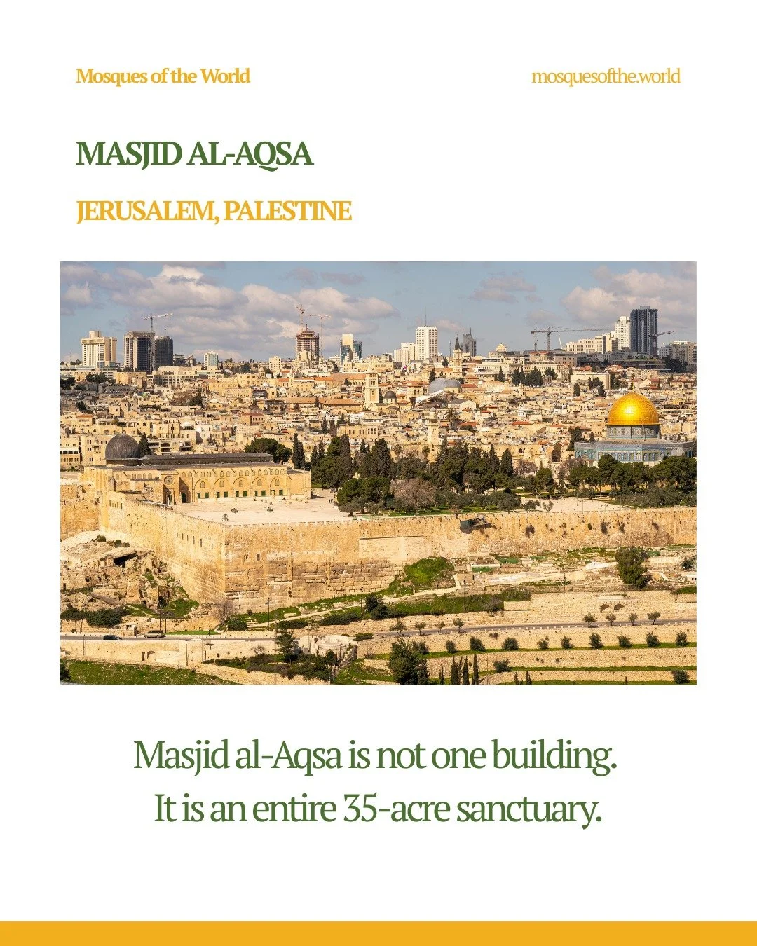 Islam's third holiest site is not a single building. Masjid al-Aqsa occupies an entire 35-acre platform in the Old City of Jerusalem, Palestine, known as al-Haram al-Sharif (the Noble Sanctuary), containing structures built across fourteen centuries 