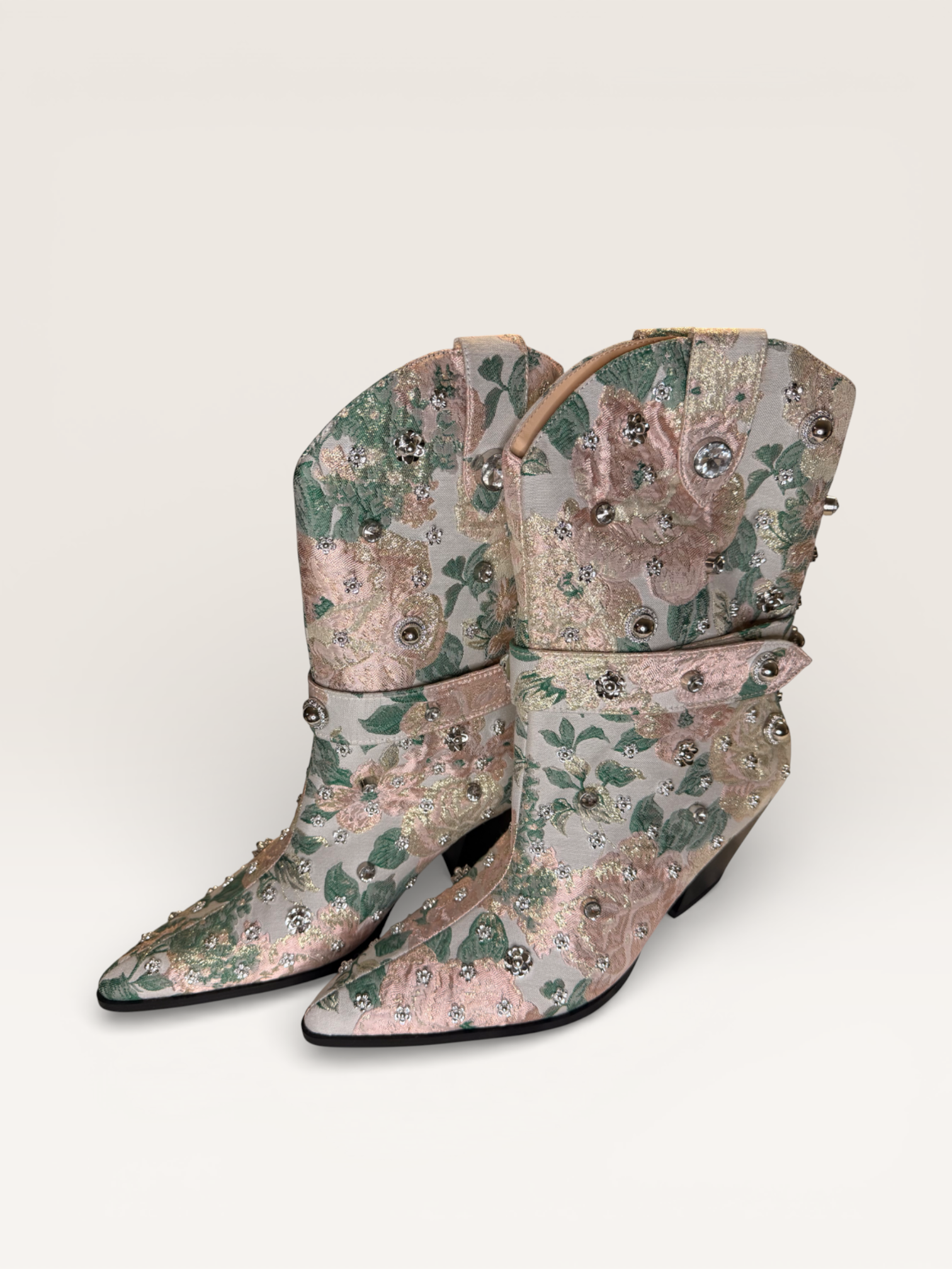 Azalea Wang Embellished Floral Brocade Boots