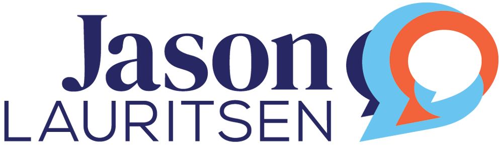 Logo for Jason Lauritsen featuring his name and a speech bubble graphic in blue, orange, and white.