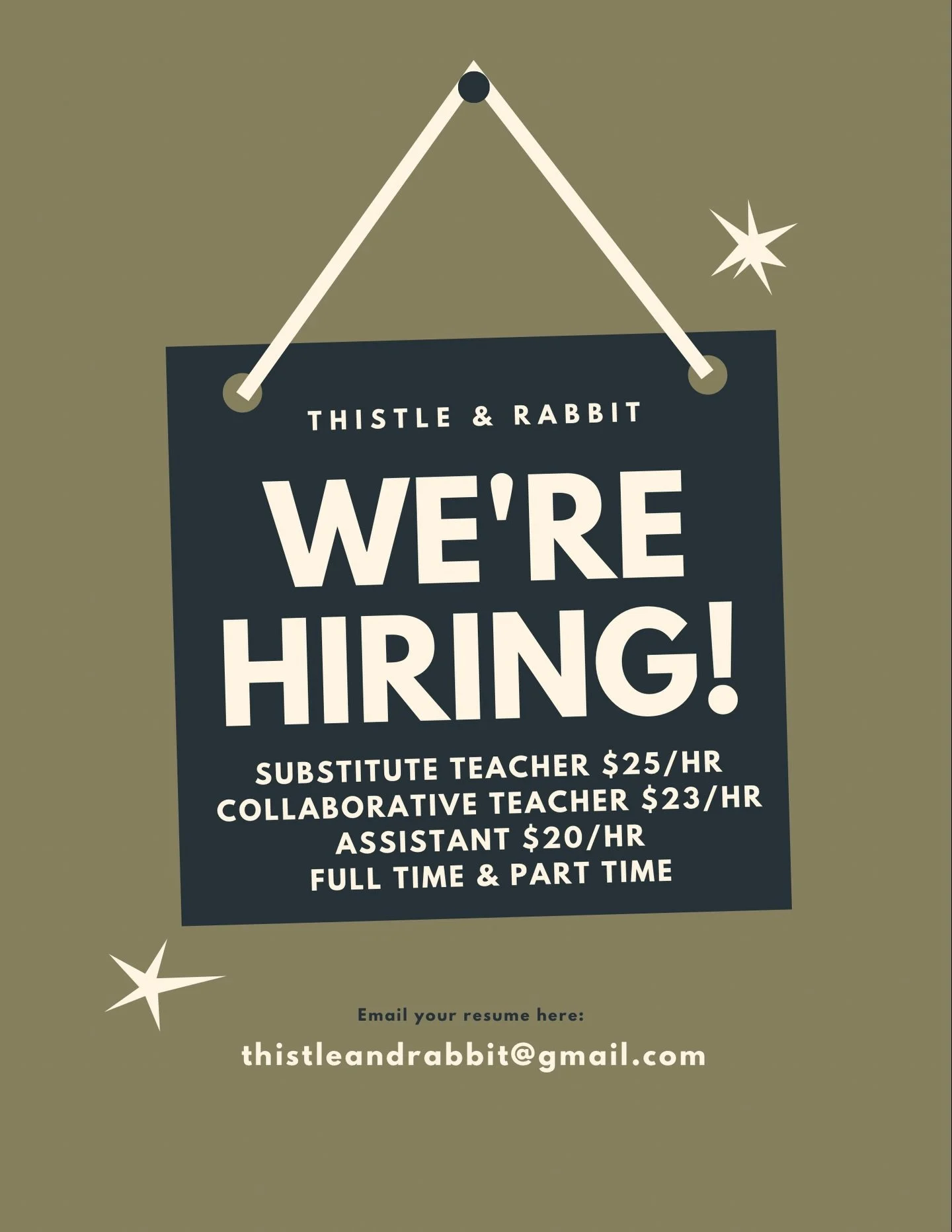 Urgently hiring for a substitute teacher position April 27th-June 10th and applications are open for assistants and collaborative teachers starting this summer. Feel free to email or message us on Instagram with any questions!