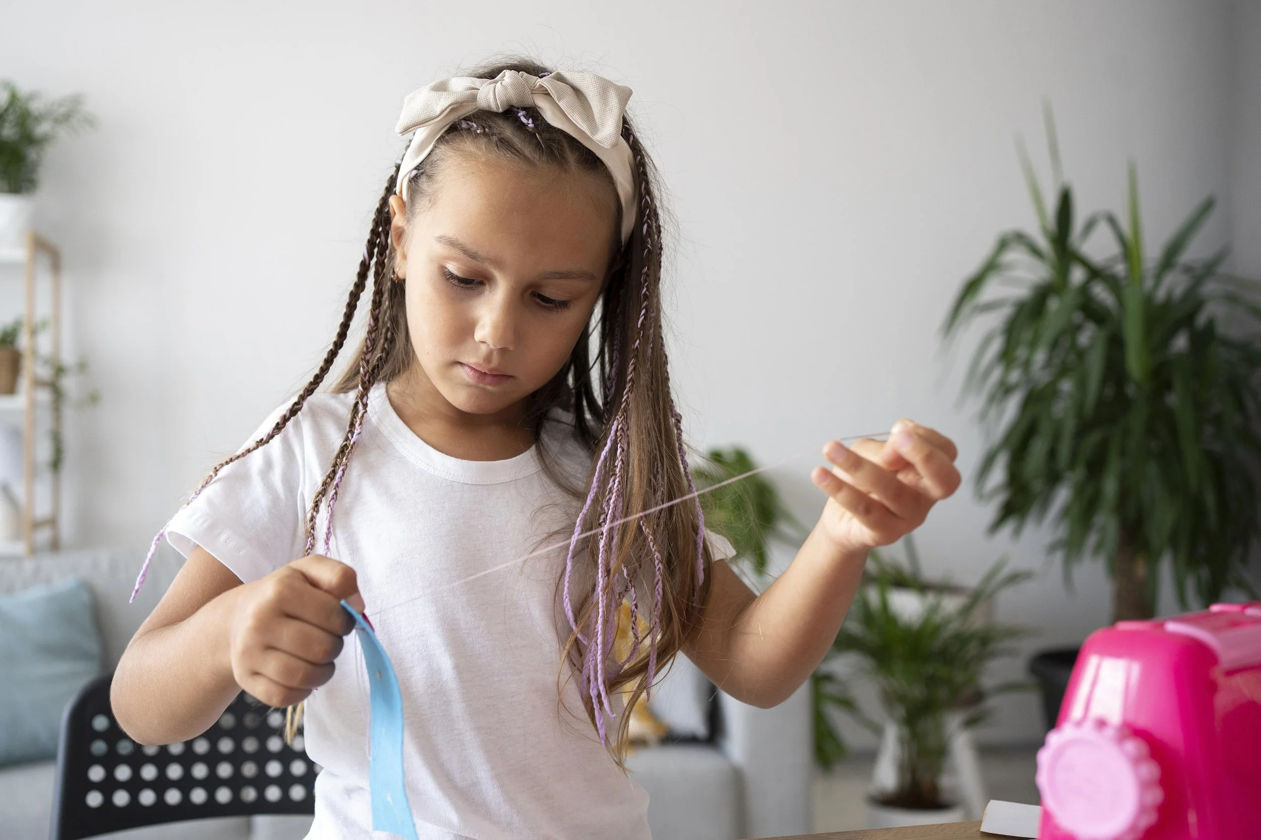 A young girl with braided hair and a beige headband is threading a piece of pink string through a sewing toy machine in a living room.