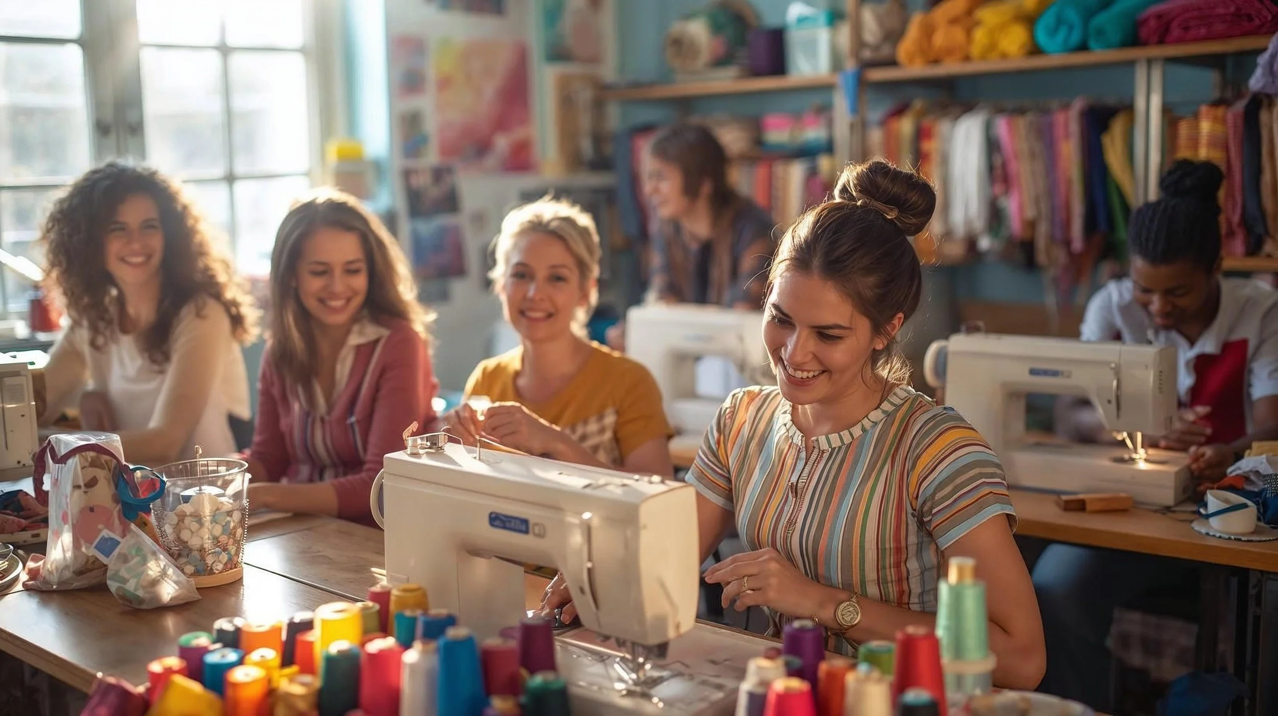 Group of women happily sewing together in a craft room with colorful threads and sewing machines.