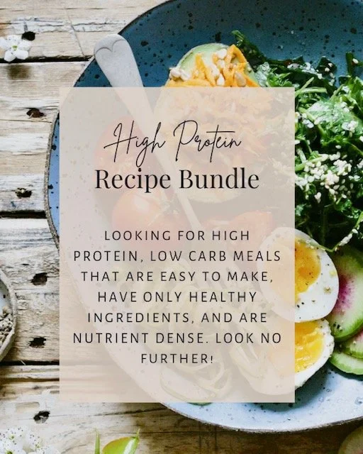 Text overlay on a photo of a meal with eggs, cucumber, spinach salad, and chicken, promoting a high protein recipe bundle.