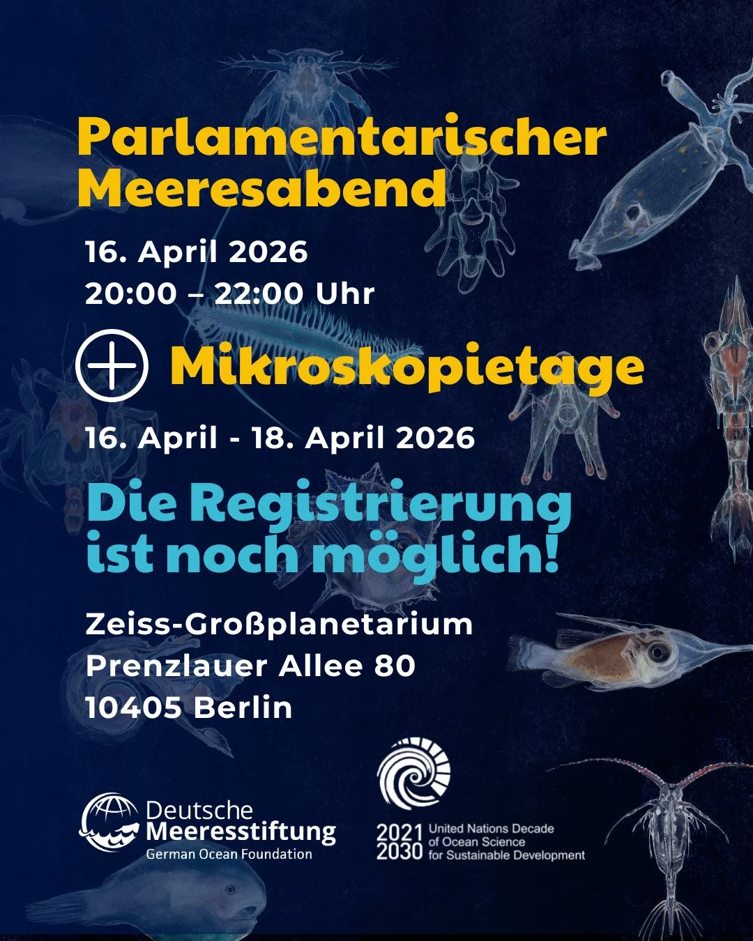 Die faszinierende Kraft des Mikrokosmos im Ozean erleben! 

Vom 16. bis 18. April sind wir bei den Thementagen &raquo;Unsichtbare Welten: Vom Mikrokosmos zum Universum&laquo; im Zeiss-Gro&szlig;planetarium Berlin dabei.

Kommt vorbei und besprecht mi