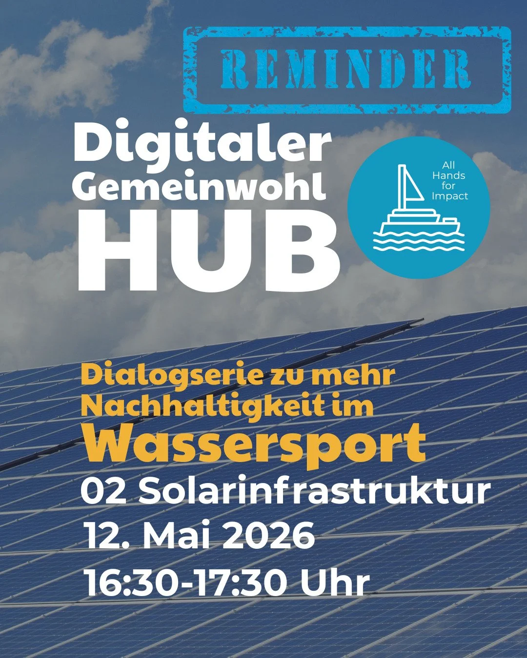 Last Call: Digitaler Gemeinwohl HUB - jetzt noch anmelden!

Wie kann Solarinfrastruktur die nachhaltige Transformation der Wassersportbranche konkret voranbringen? 

Dieser Frage widmet sich der n&auml;chste Digitale Gemeinwohl HUB der Dialogserie Al
