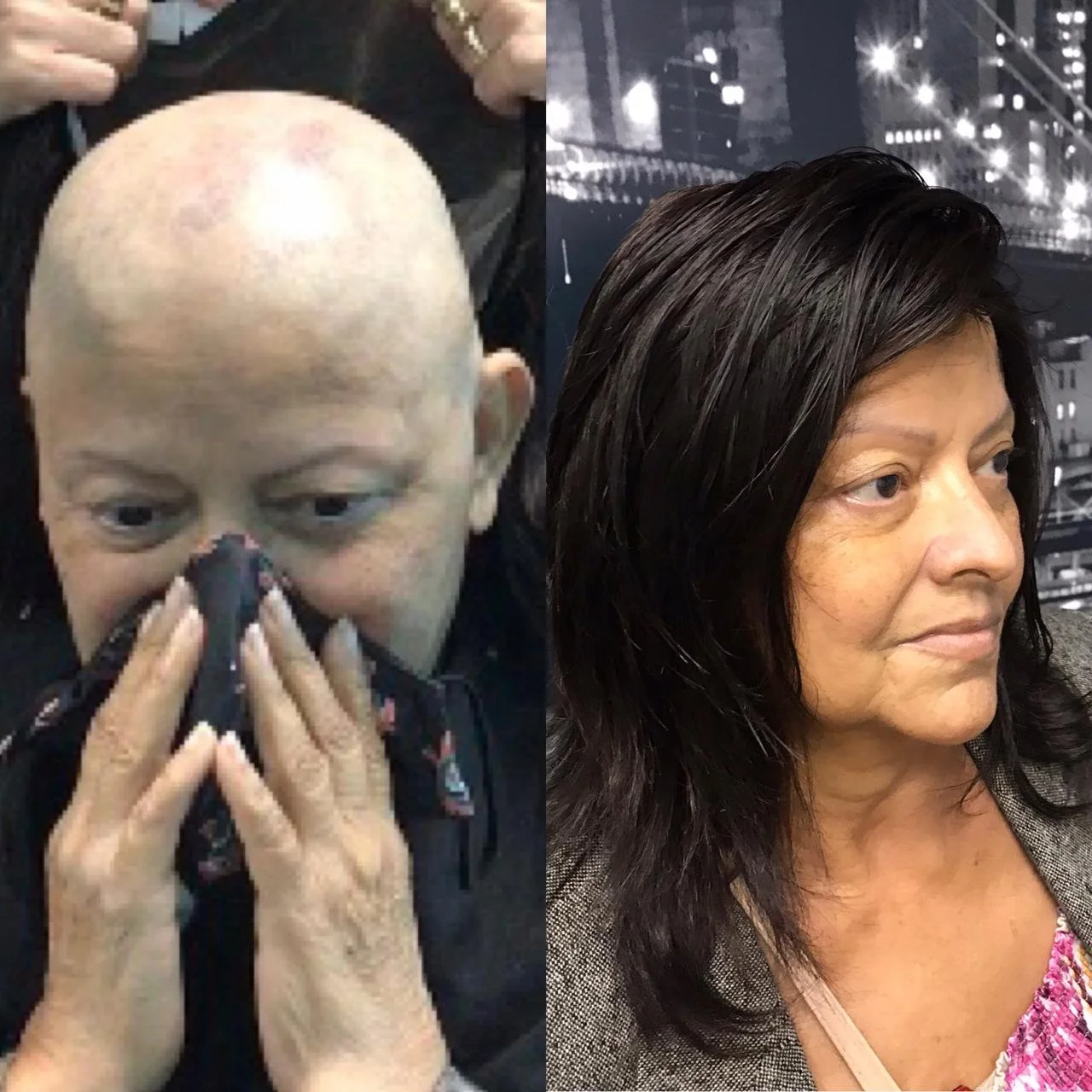 Imagem composta por duas fotos. À esquerda, uma pessoa com cabeça raspada, cobrindo o rosto com as mãos. À direita, uma mulher com cabelos longos e escuros, olhando para o lado, com fundo de cidade à noite.