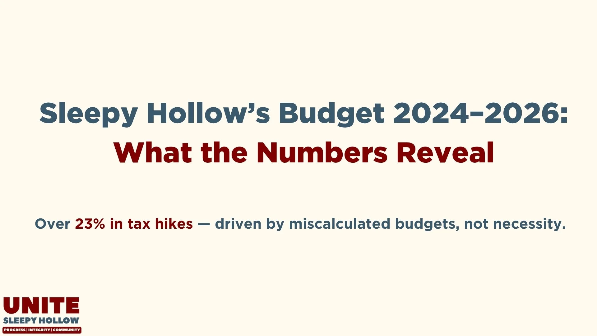 Dear Sleepy Hollow, are you tired of your taxes increasing? 

Unite Sleepy Hollow has a plan for Sensible Tax Levies, a plan for fiscal responsibility that serves Village residents, not one that burdens them. 

Unlike our opposition, we already have 