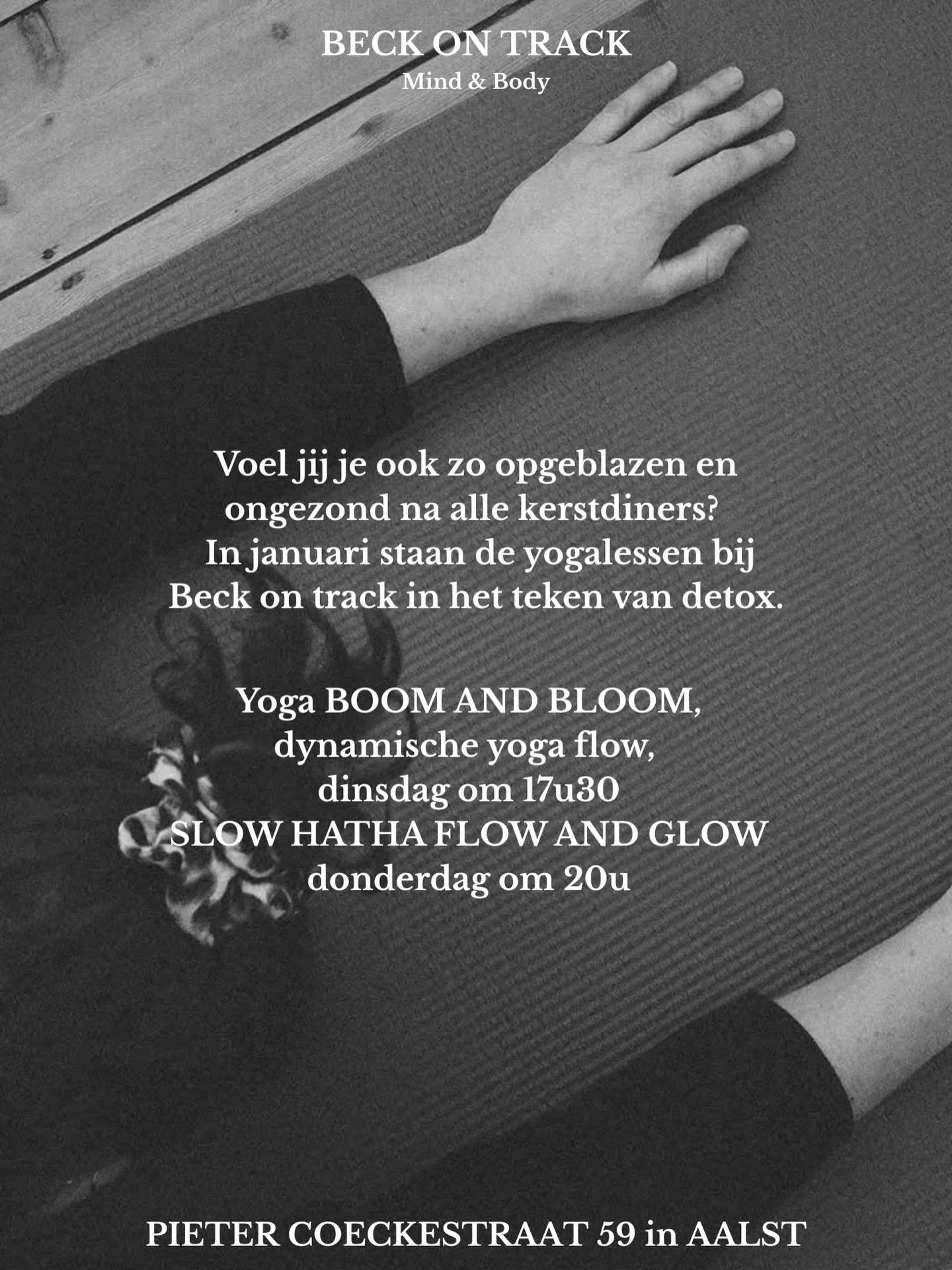 Voel jij je ook zo ongezond en opgeblazen na al dat lekkers tijdens de feestdagen?
In januari staan de yogalessen bij Beck on track in het teken van detox, ontgifting en zuivering.✨

Dinsdag 17u30: Boom and bloom - dynamische hathaflow
Donderdag 20u:
