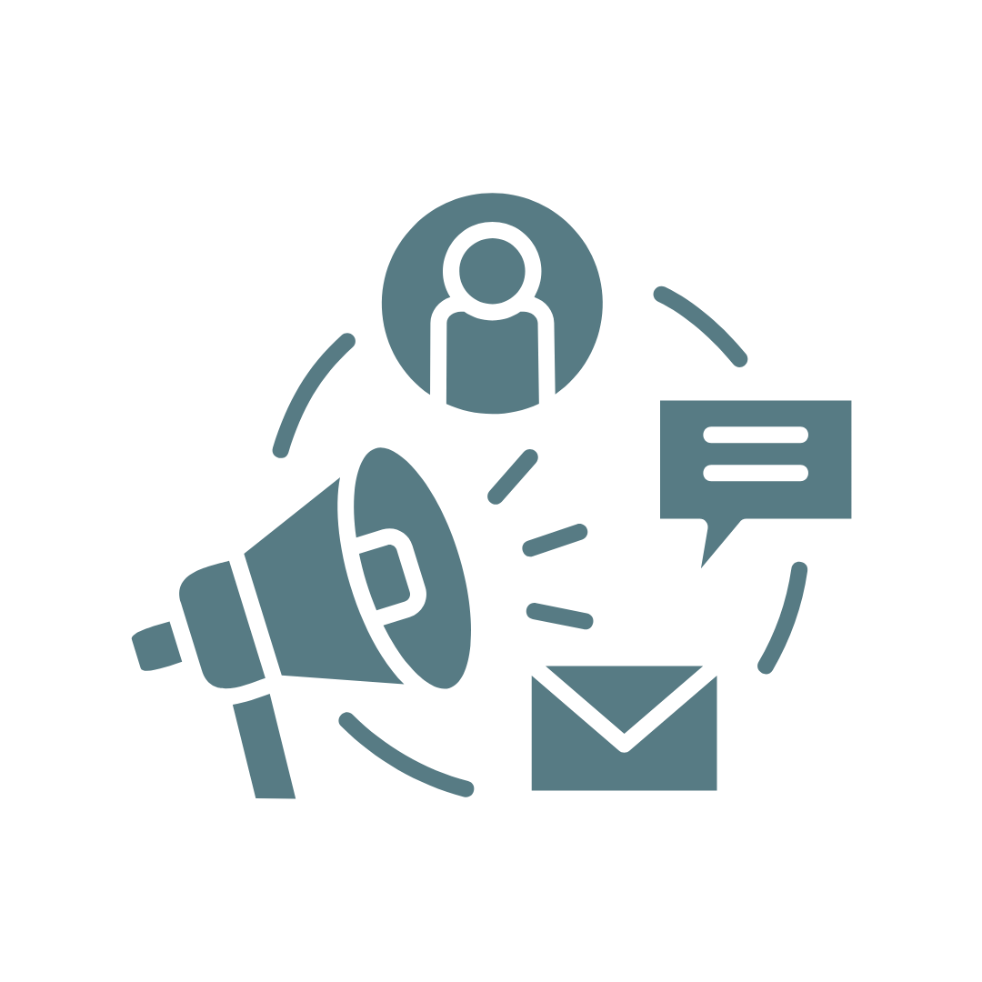 Icon representing communication and marketing, with a megaphone, a person, a speech bubble, and an envelope arranged in a circular pattern.