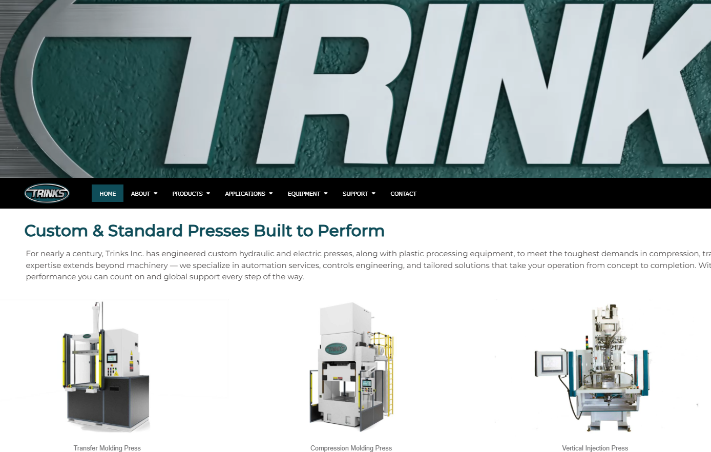Close-up of Trinks logo on a textured green background, with website navigation and product images below.