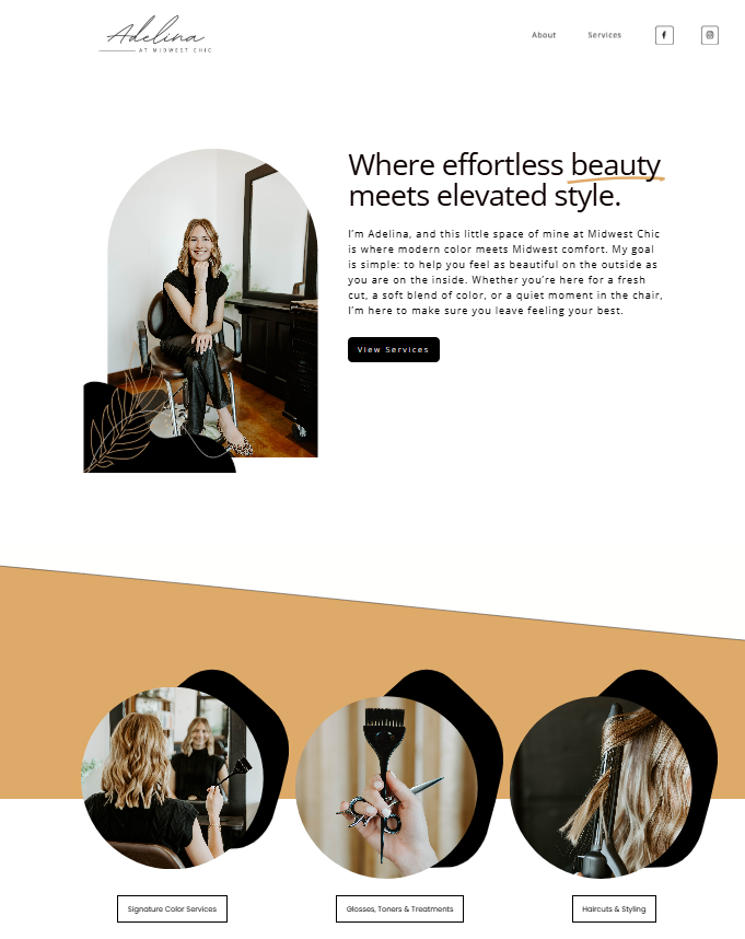 Homepage of Adelina at Midwest Chic hair salon featuring a welcome message, a photo of Adelina sitting in a black salon chair, and images of coloring, styling, and hair treatment services.