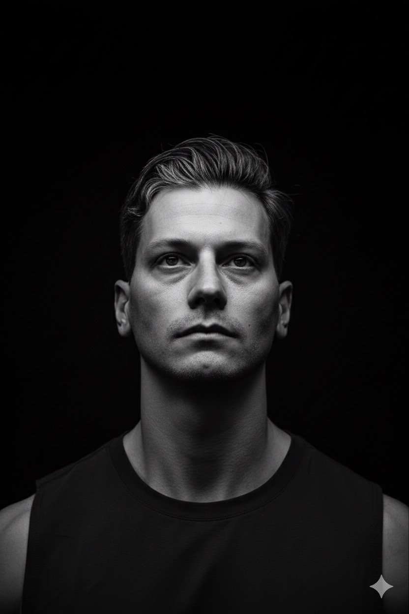 Black and white portrait of a young man with short, styled hair, looking directly at the camera against a plain dark background.