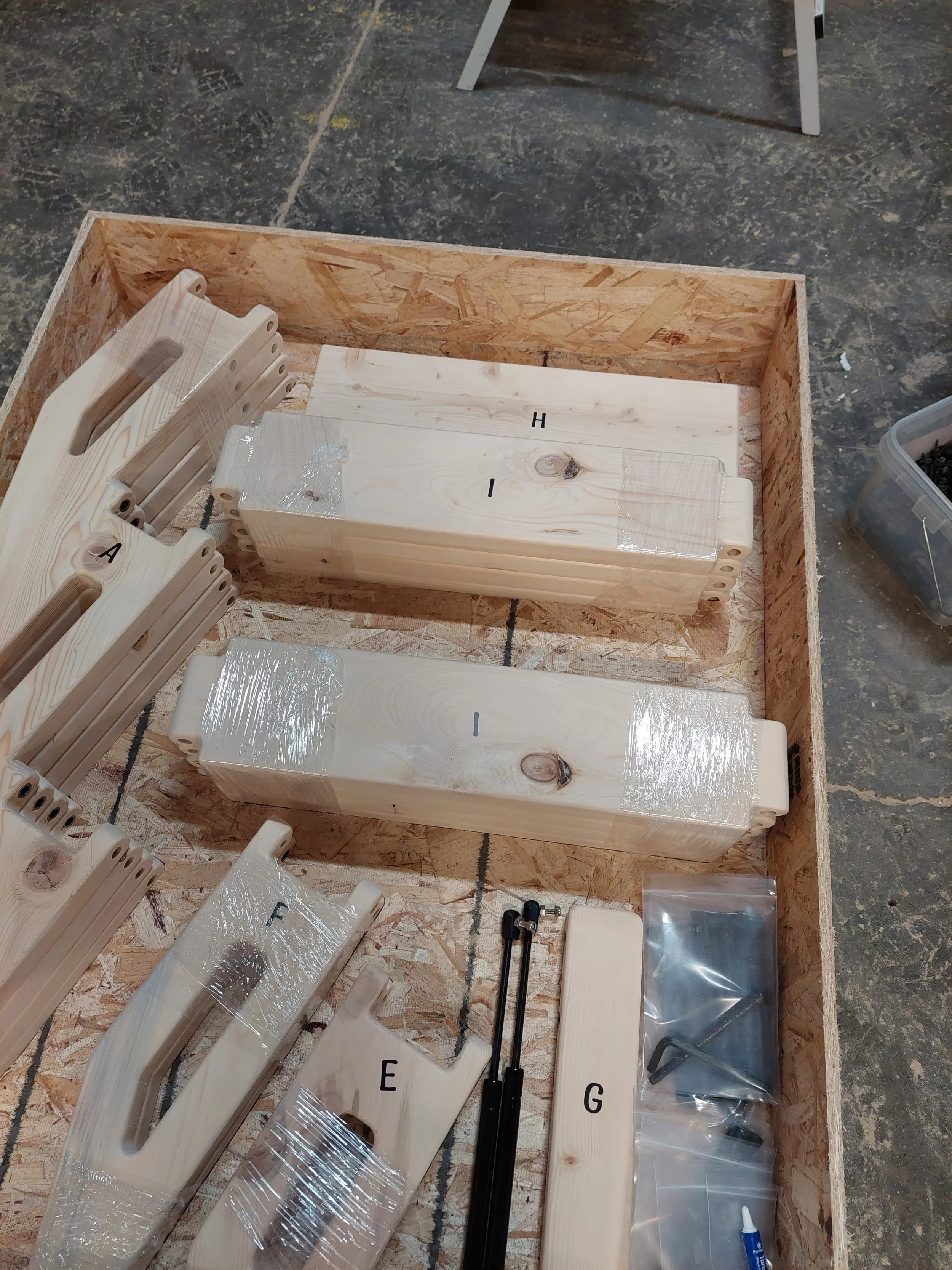 CNC cut wood components packaged and crated for shipping to a client, manufactured by Tempest Industries in Sarnia, Ontario.