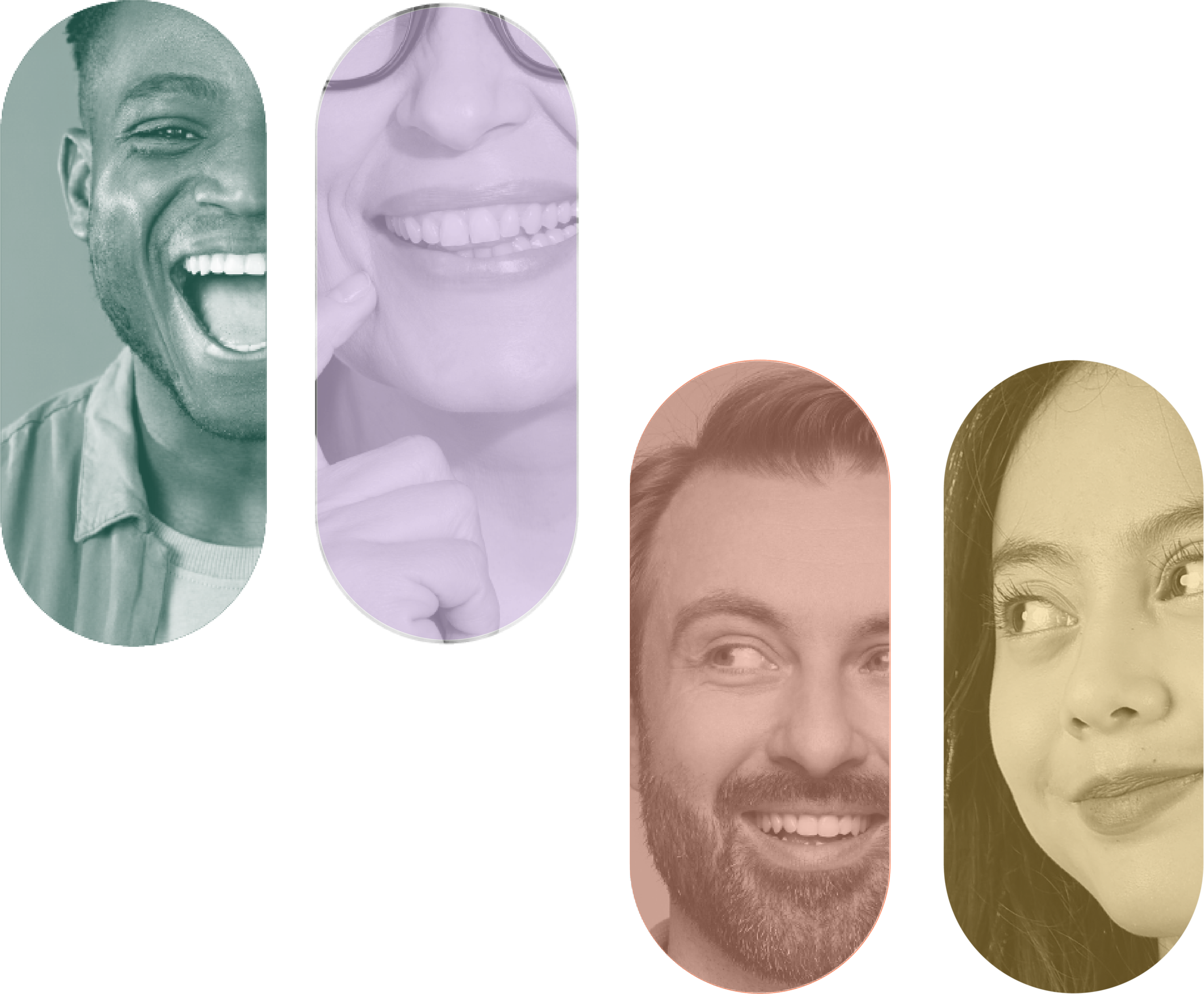 Four diverse professionals in a pill-shaped frame.