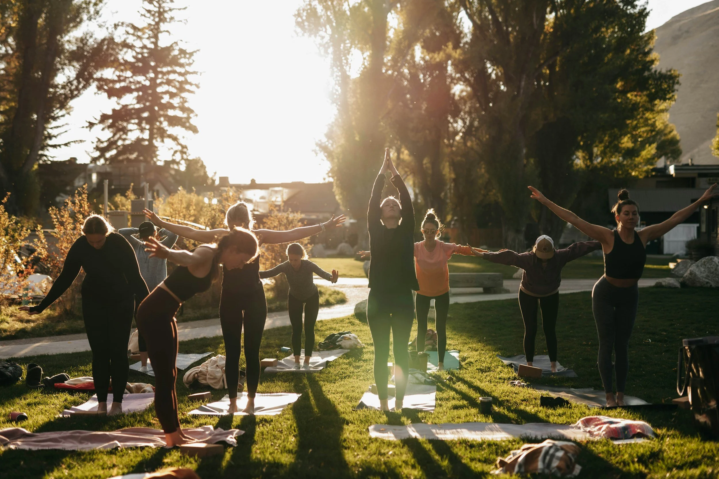 People practicing yoga outdoors during sunset, standing on yoga mats with arms extended or raised, surrounded by trees and grassy area.