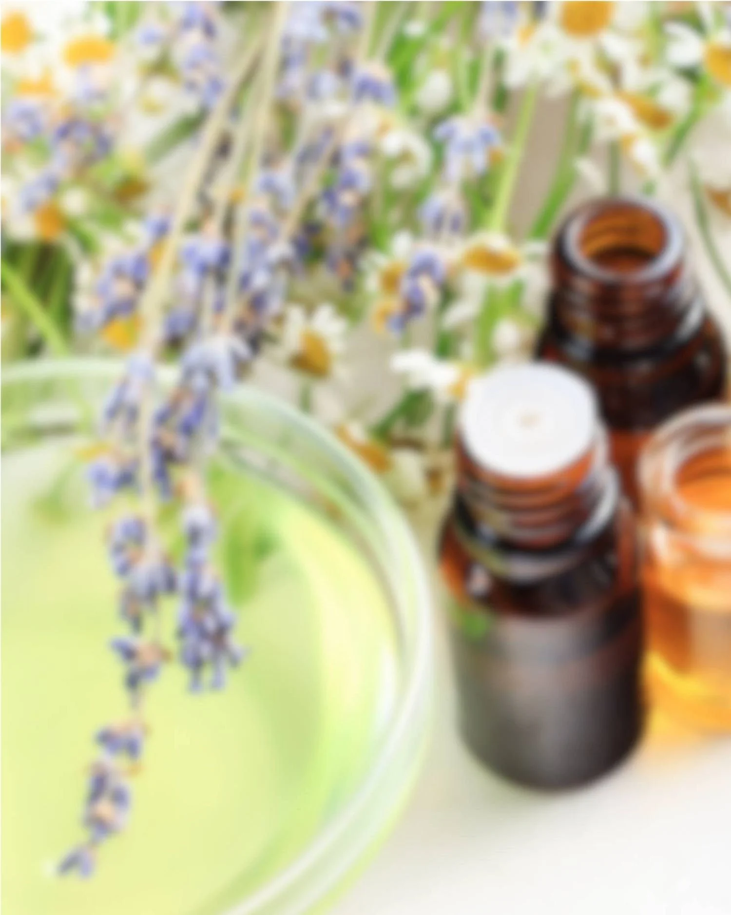 Blurry photo of small brown bottles and a pitcher of light green liquid with lavender flowers in the background.