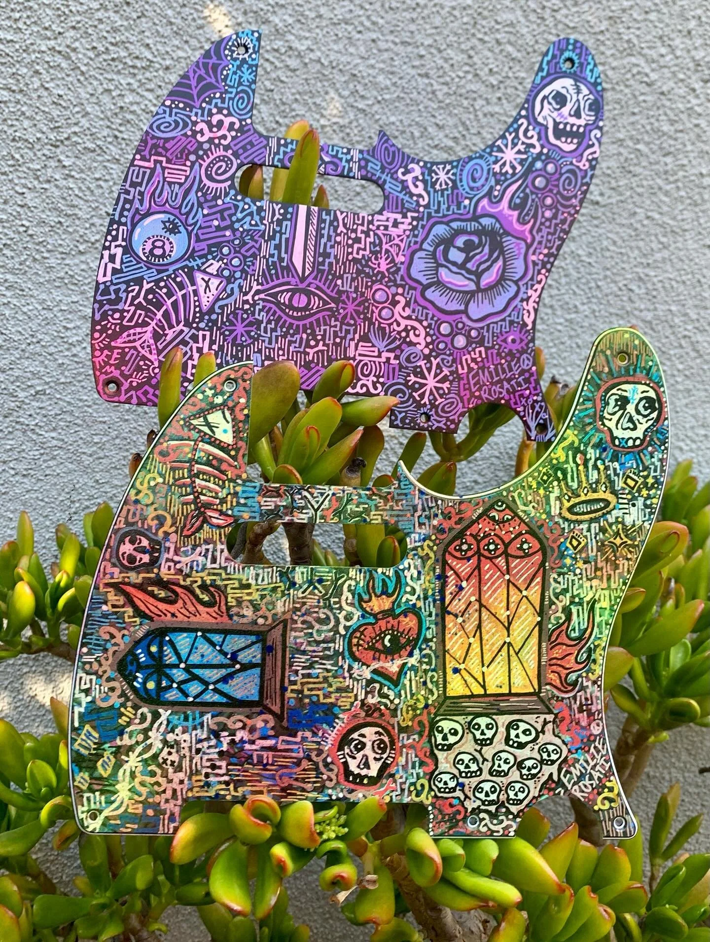Which Pickguard would you choose?🎸💜🌹#pickguard #electricguitar #fendertele #fenderpickguard #emilierosati #guitarart ☮️ emilierosatiart.com