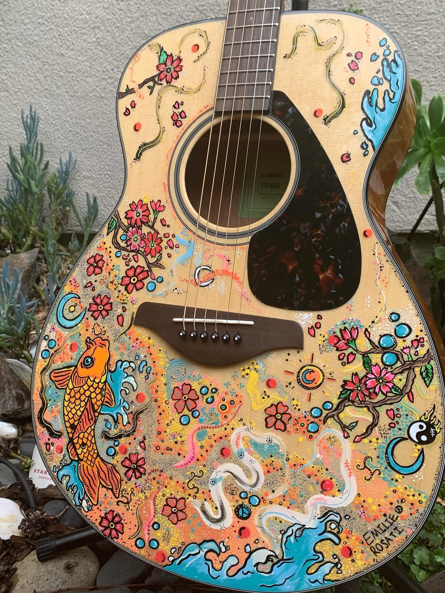 Some up close shots of my Japanese Koi Cherry Blossom Themed Acoustic Guitar!🌸🐟🌊🎸 Hand drawn artwork by Artist Emilie Rosati ☮️ emilierosatiart.com #guitarart #guitargram #acoustic #acousticguitars #koi #emilierosati #customguitar