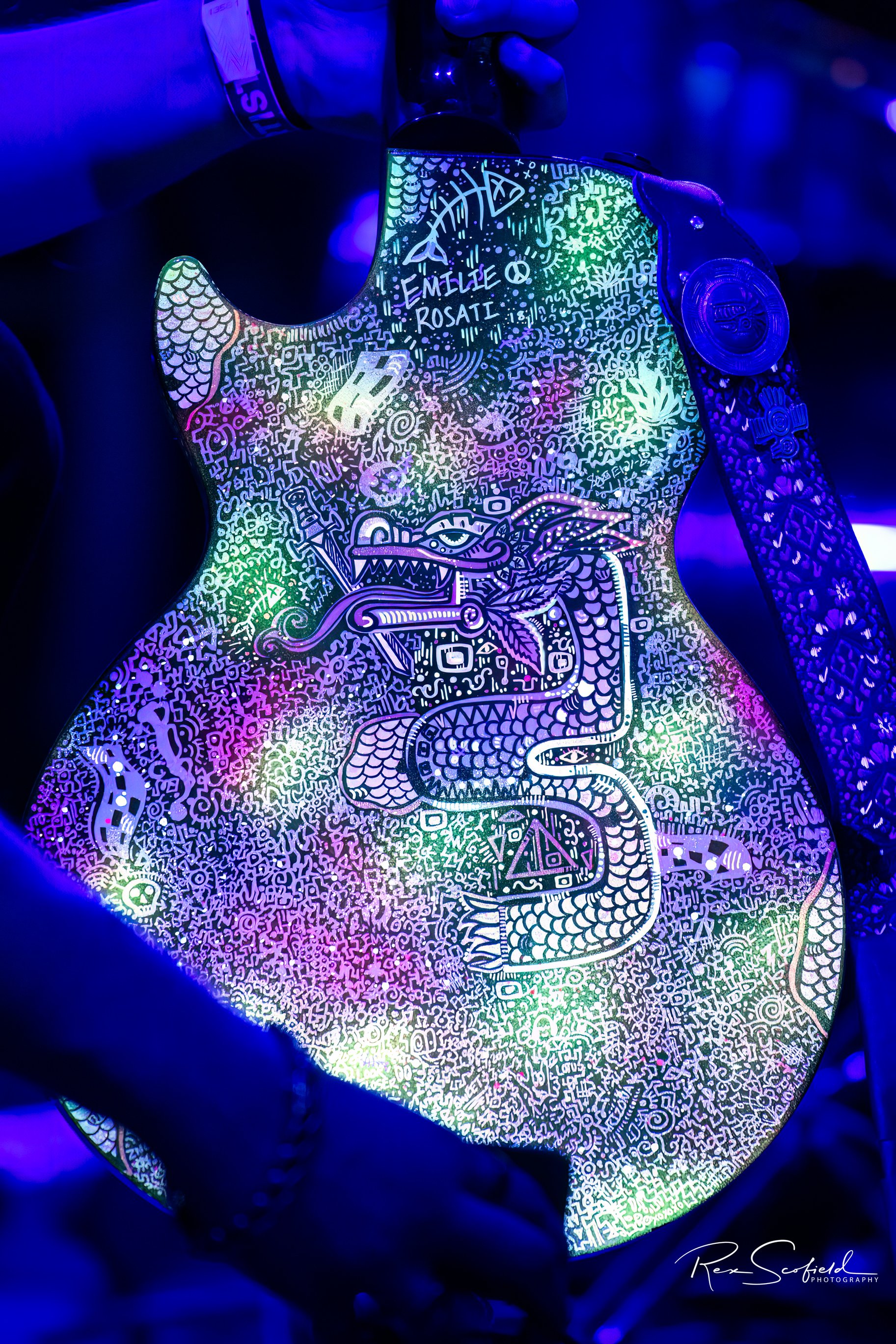 Rosati Aztec guitar under Stage Lights! Photo Cred: 
Rex Scofield Photography

