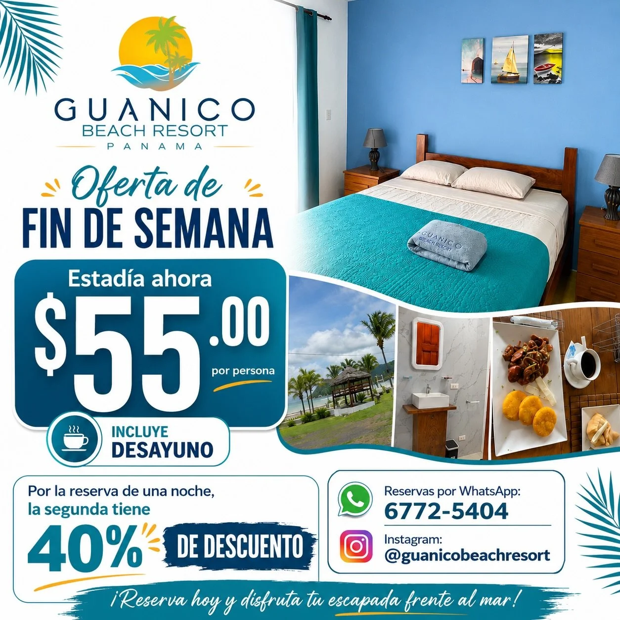 🌊✨ &iexcl;Tu escapada de fin de semana te espera en Guanico Beach Resort! ✨🌴
Disfruta de una estad&iacute;a c&oacute;moda, relajante y frente al mar por solo $55.00 por persona, con desayuno incluido. 🛏️☕🌅
Y eso no es todo&hellip;
Por la reserva 