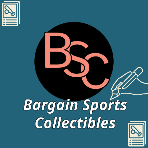Logo for Bargain Sports Collectibles featuring the letters BSC in pink inside a black circle, with a hand writing on a piece of paper, and two small documents with a blue background.