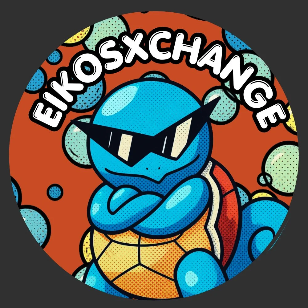 Cartoon illustration of a blue turtle with crossed arms wearing sunglasses, surrounded by bubbles and the text 'EIKOSXCHANGE' in bold letters.