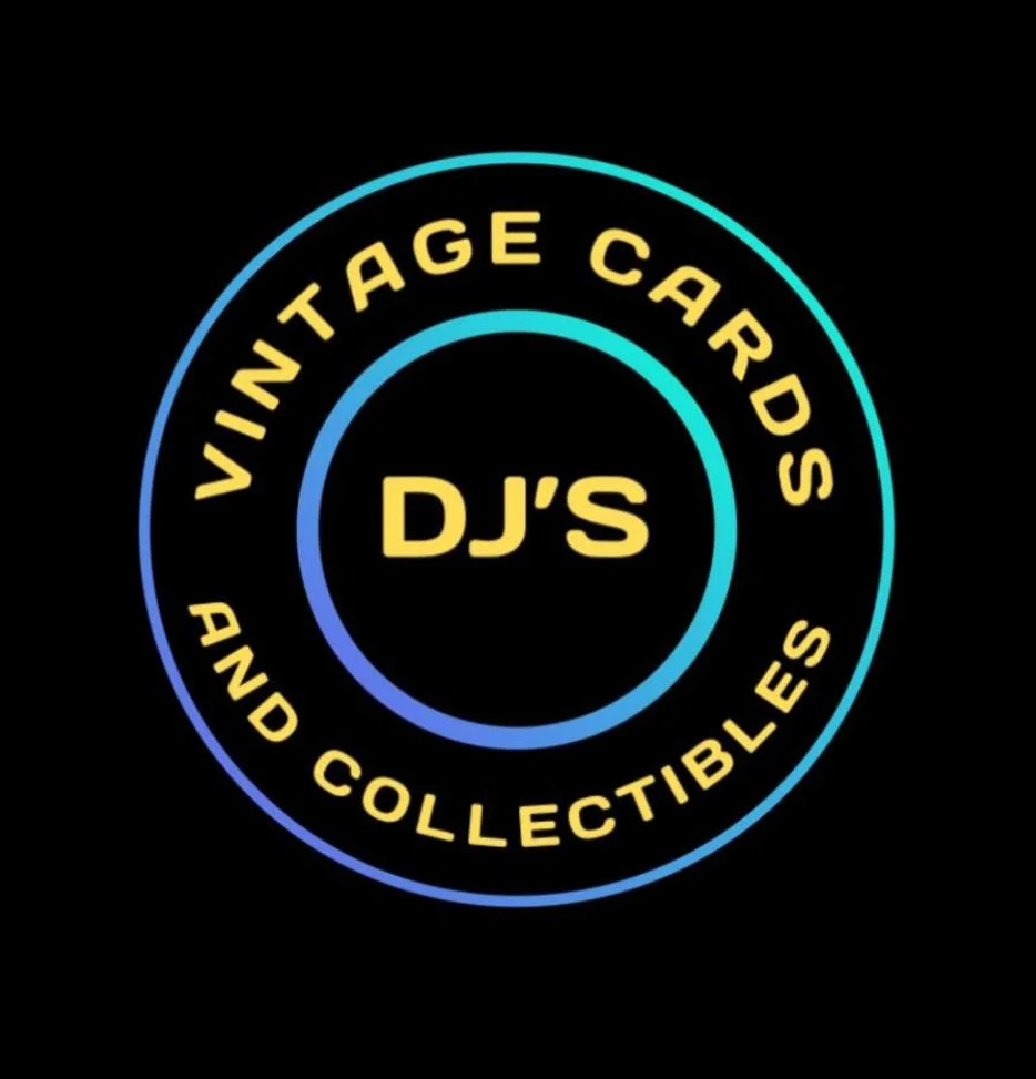 Neon logo with yellow text reading 'DJ'S' inside a circle of blue and yellow text that says 'VINTAGE CARDS AND COLLECTIBLES'.