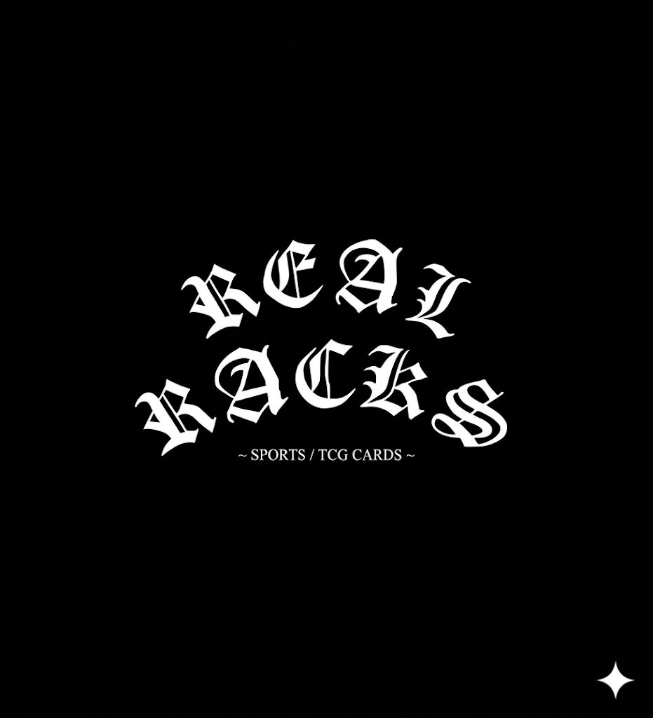 Black background with white gothic text reading 'REAL BACKS' and smaller text below saying '~ SPORTS / TCG CARDS ~'.