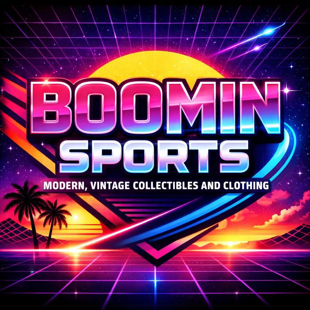 Retro 80s style graphic with neon colors, palm trees, sunset, and grid lines, promoting 'Boomin Sports' featuring modern, vintage collectibles, and clothing.