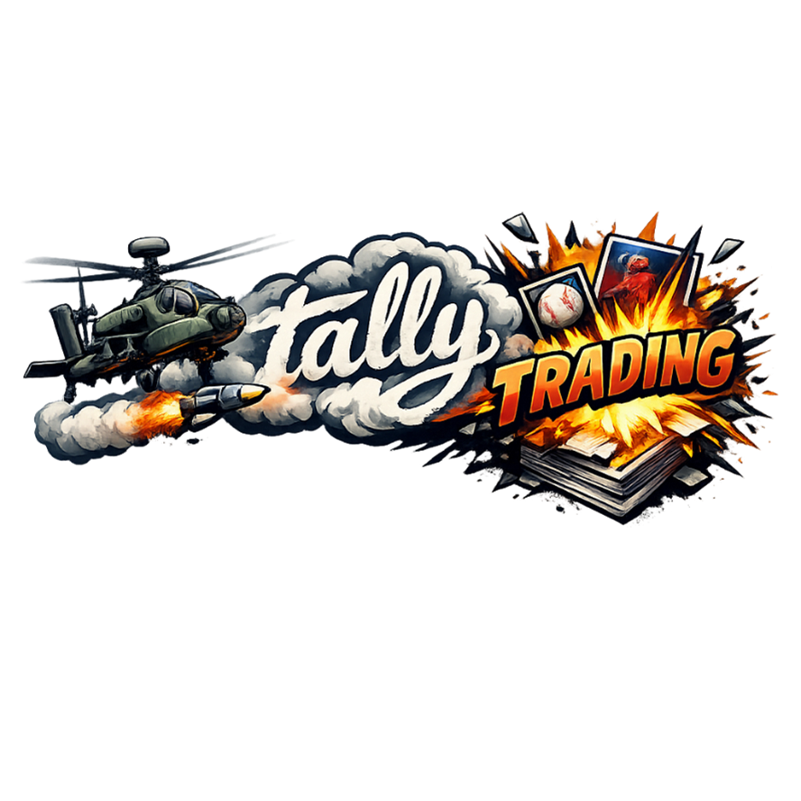 A graphic with a military helicopter, clouds of smoke, and a jet with a fiery trail, with the words "Tally Trading" in stylized font and a background of explosive graphics and trading cards.