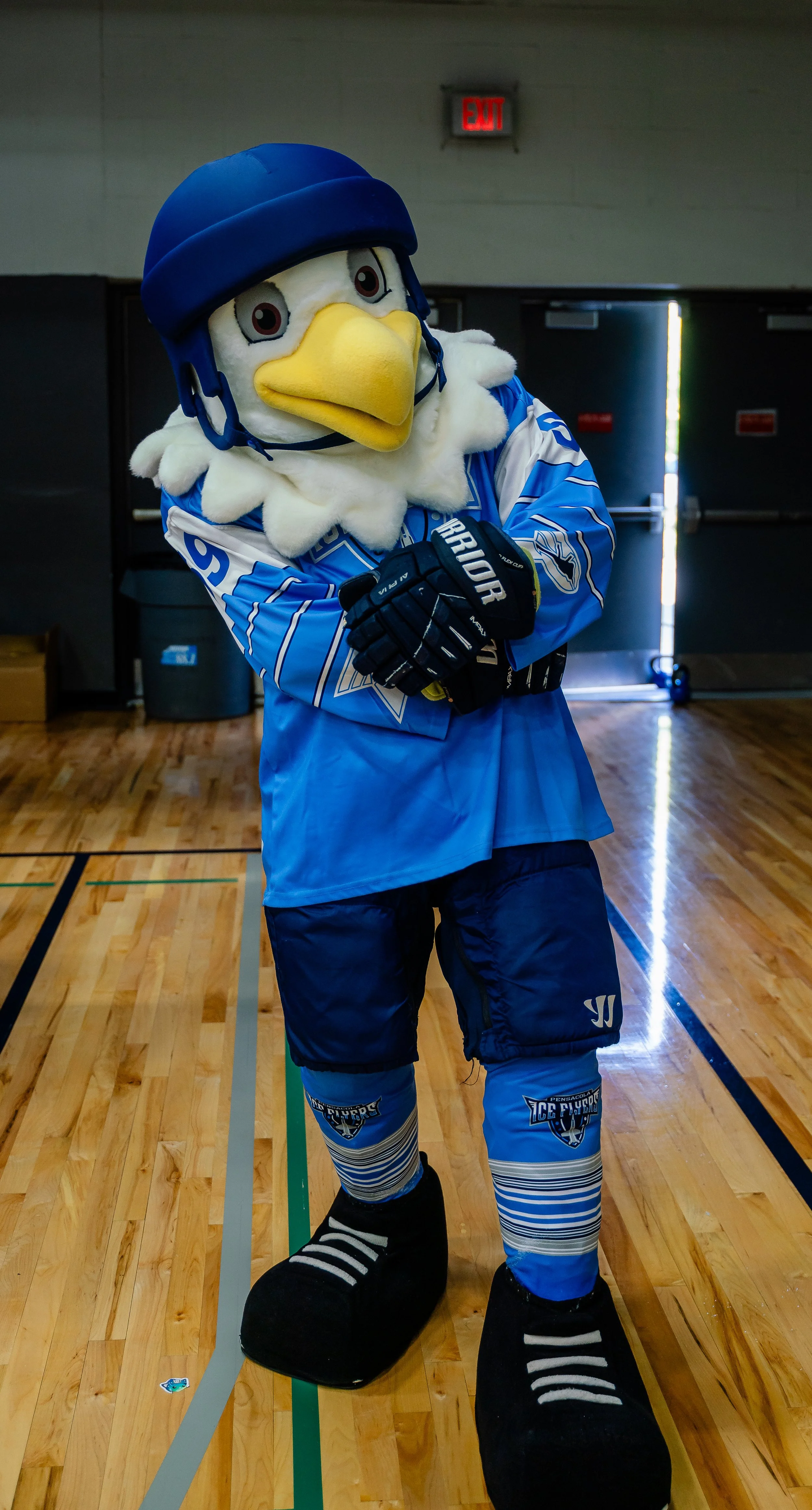 Mascot dressed in hockey gear, including a blue helmet, jersey, and hockey gloves, standing inside a gymnasium.
