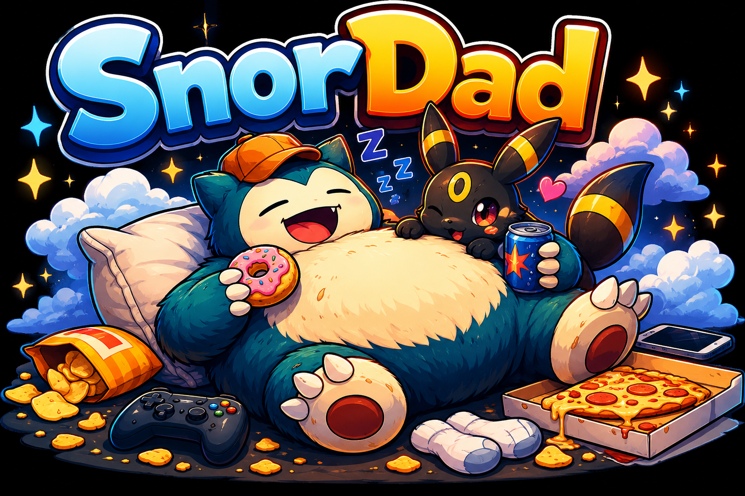 Fantasy scene with two cute cartoon characters, a bear and a raccoon, relaxing with snacks and drinks. The bear is lying on a pillow, holding a donut, and wearing an orange cap. The raccoon is sitting next to the bear, holding a soda can, winking, and wearing yellow accessories. There is a pizza box, potato chips, a gaming controller, a cellphone, and clouds with sparkles in the background. The image has a colorful, vibrant style with a night sky theme.
