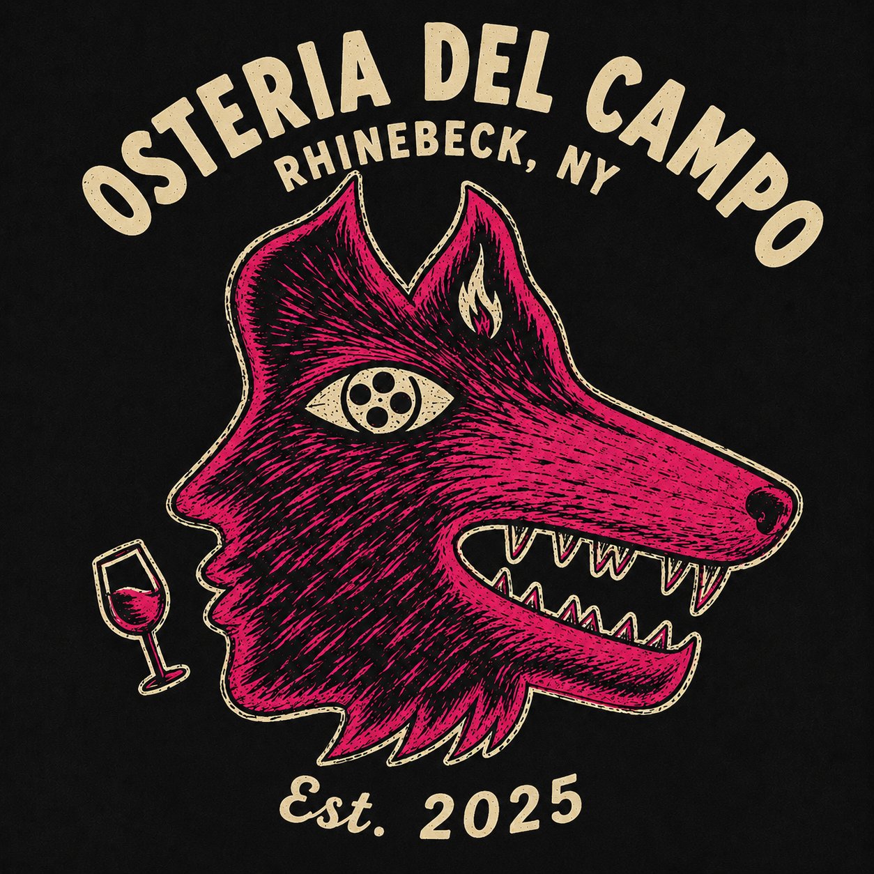 Design for Osteria del Campo, a restaurant in Rhinebeck, NY, featuring a stylized pink wolf's head with sharp teeth, a fire inside one ear, a wine glass with red wine, and text indicating the establishment was founded in 2025.