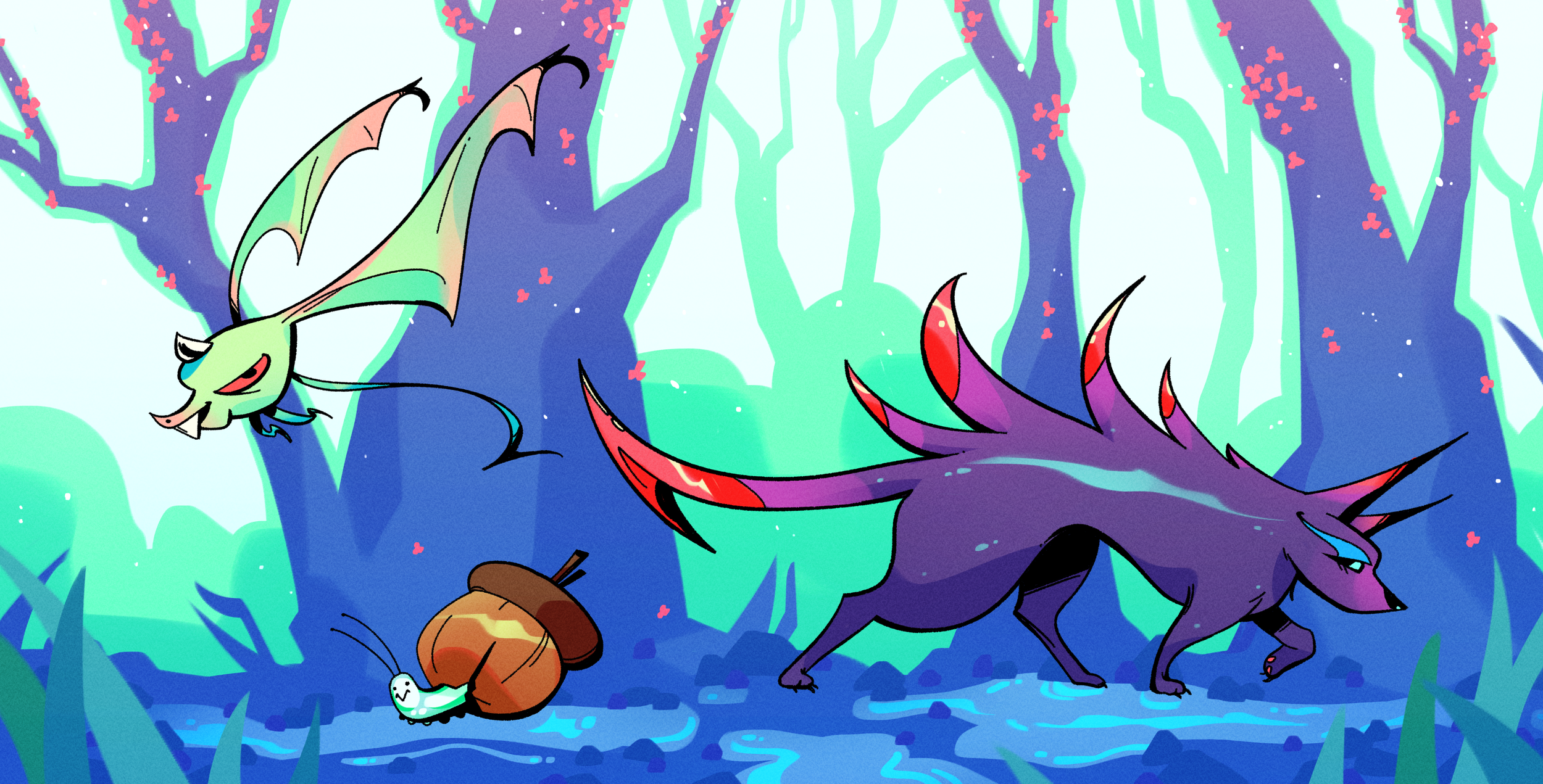 creatures that live in an eerie, psychedelic forest. character design and illustration done for Planetary Creatures.