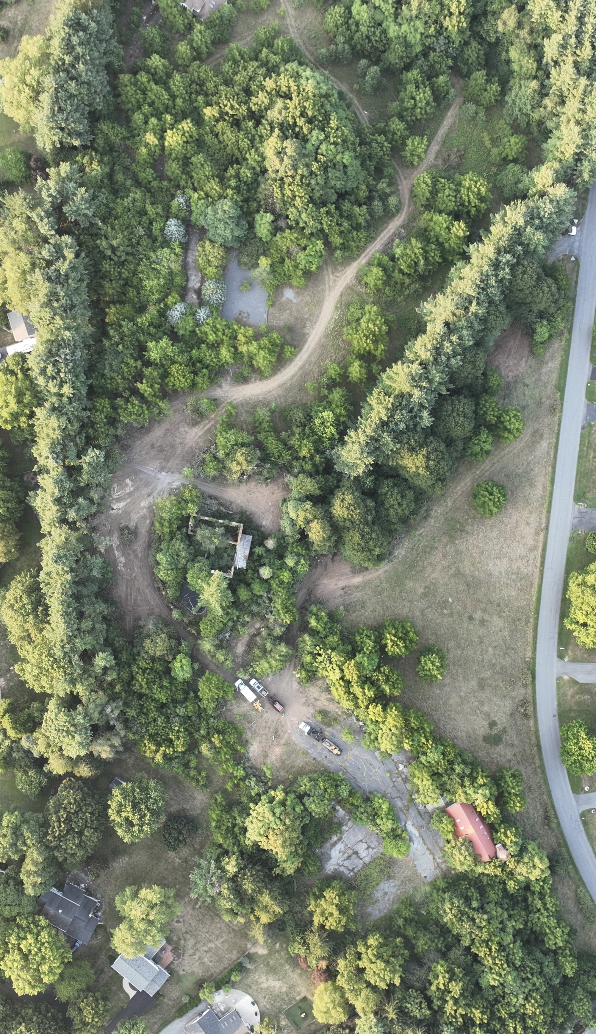 An aerial view of a lush green park with trees, walking trails, a pond, and scattered houses.