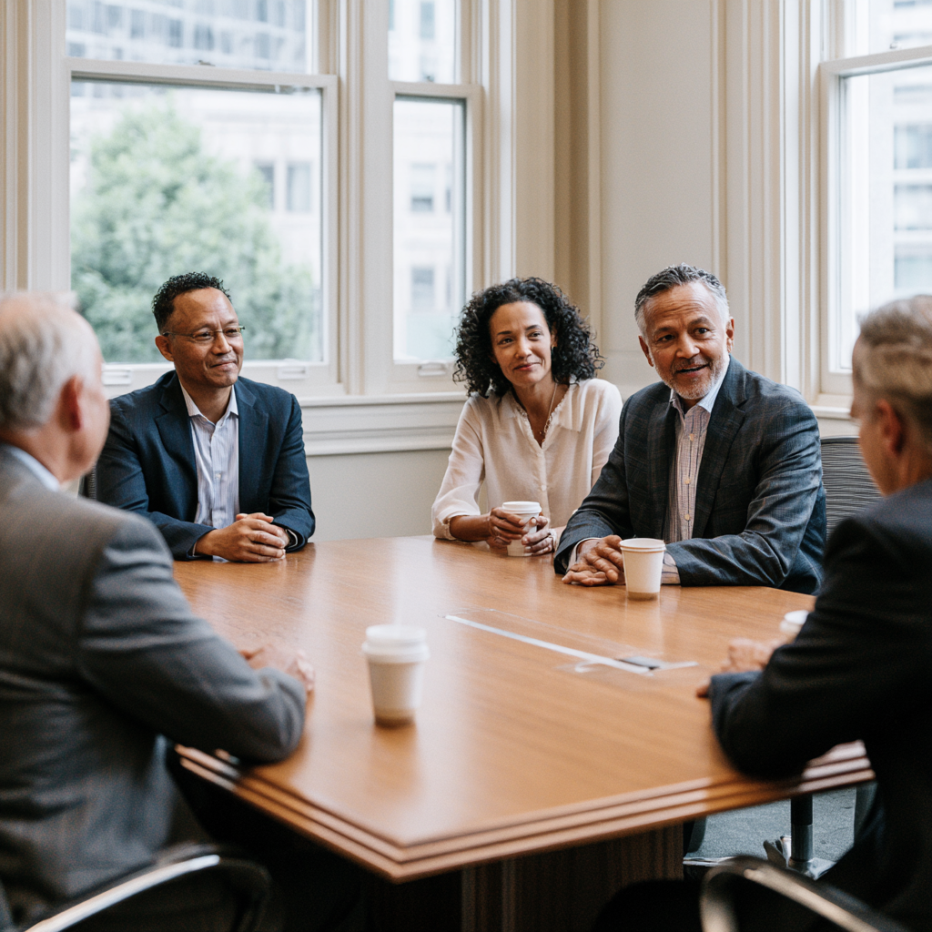 Executives talking around a wooden table