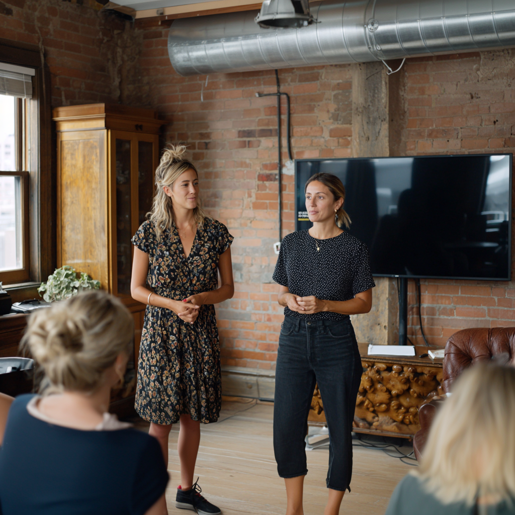 two women in front of a presentation screen