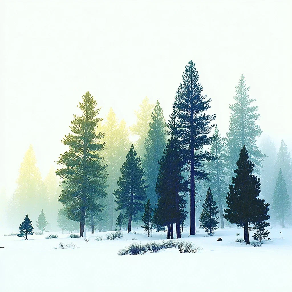 Stand of trees in blues, greens and yellows