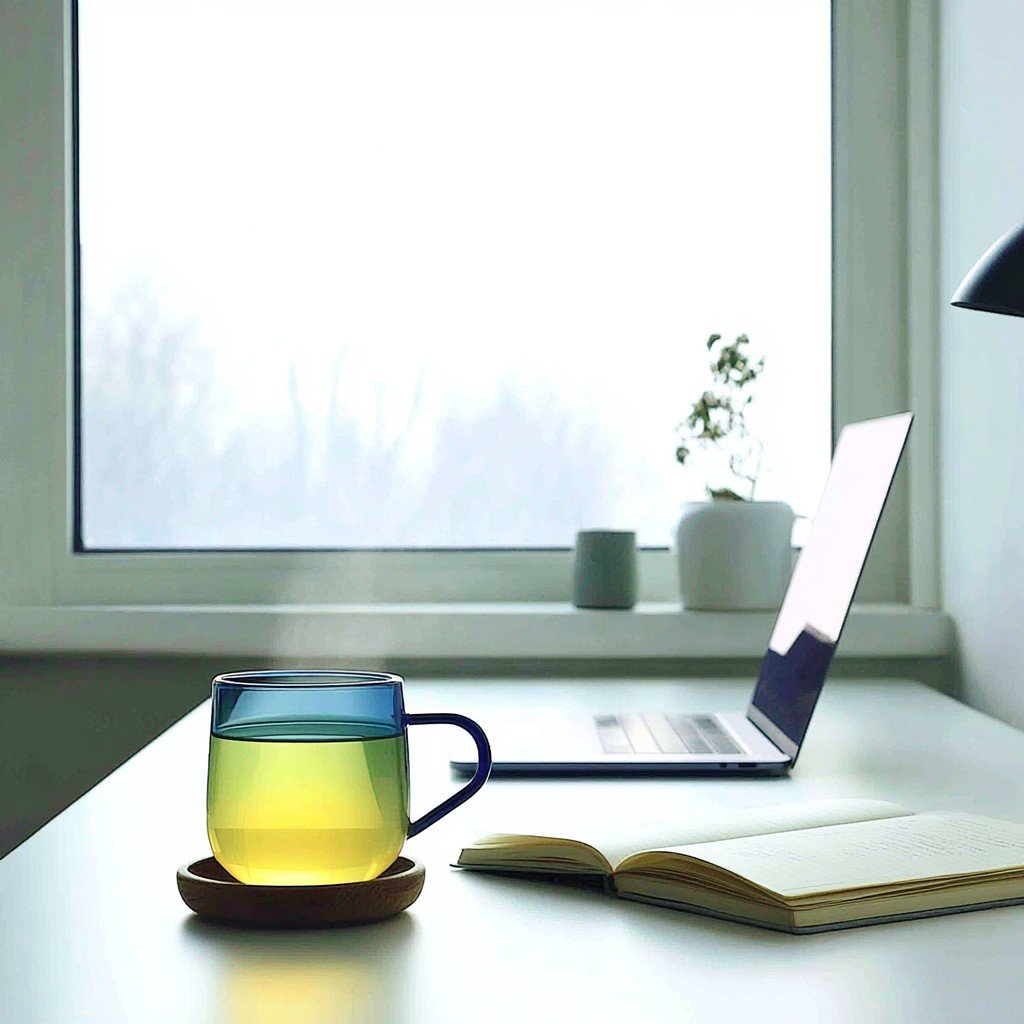 Cup of tea on a desk with laptop facing window