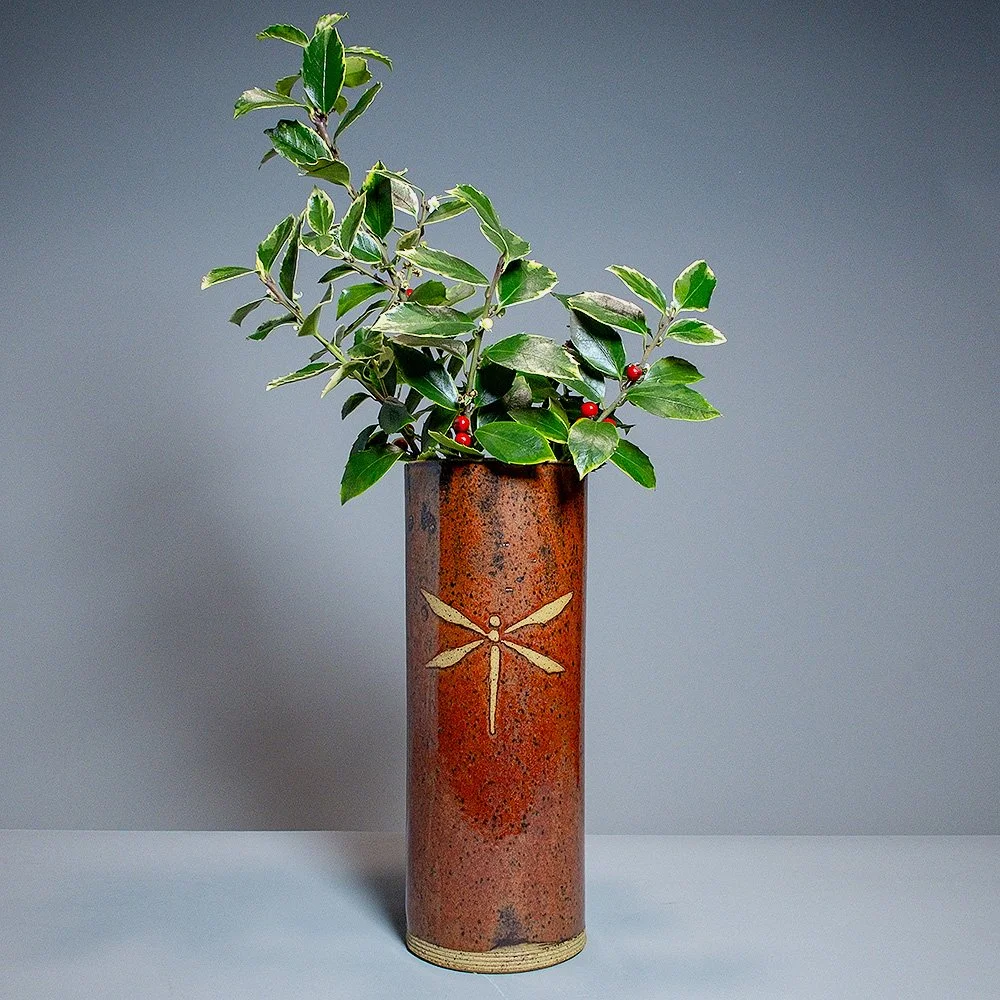 Tall Cylinder Vase 3in Diameter Red Dragonfly w_Holly.jpg